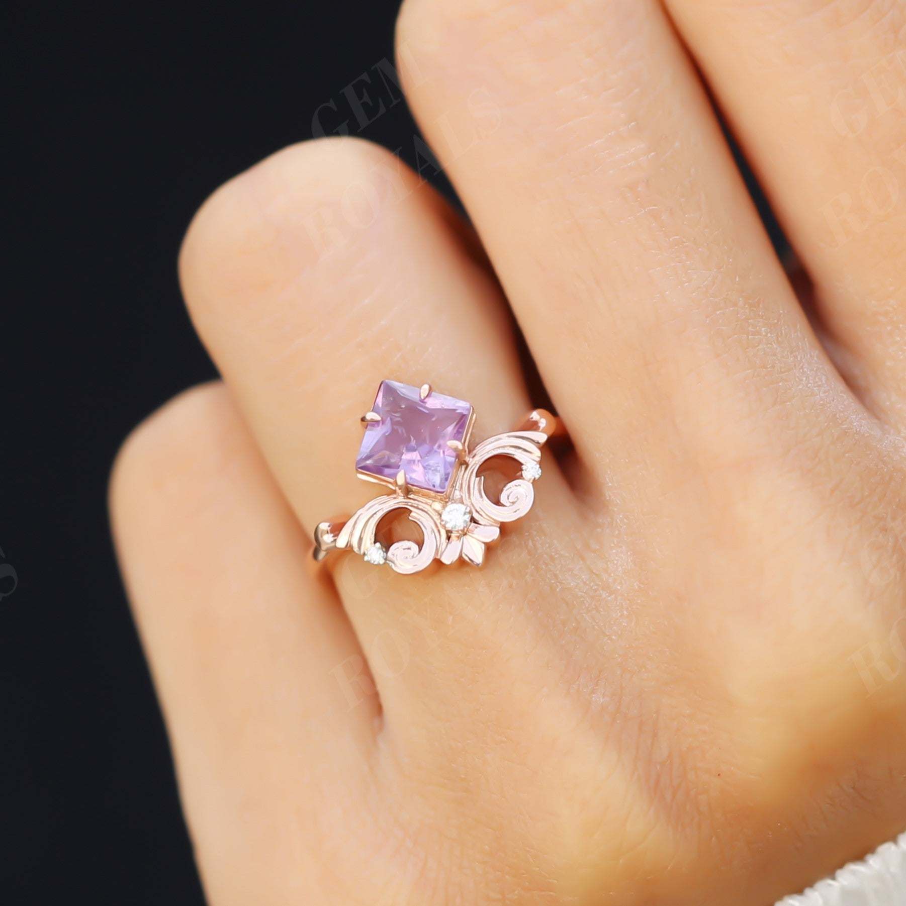 Natural Amethyst Princess Cut Vintage Engagement Ring