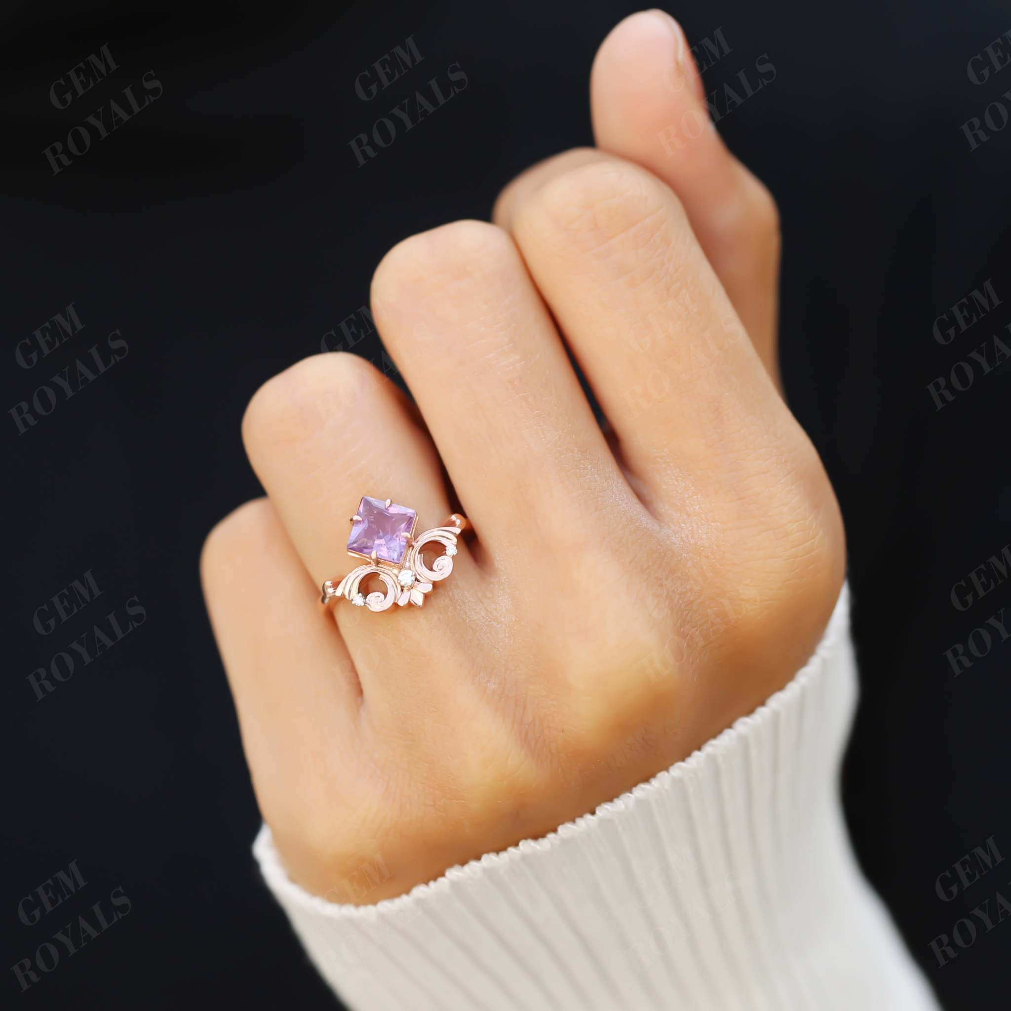 Natural Amethyst Princess Cut Vintage Engagement Ring