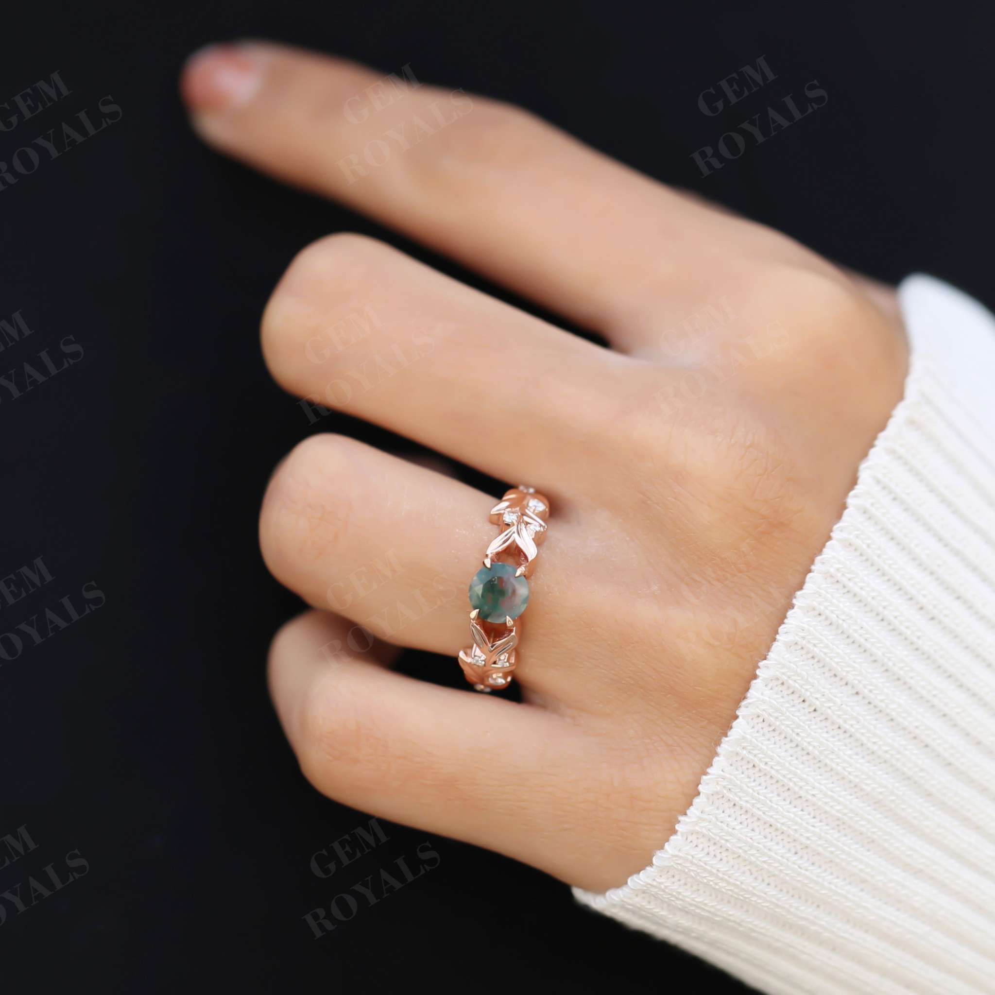 Nature Inspired Twig Round Moss Agate Engagement Ring