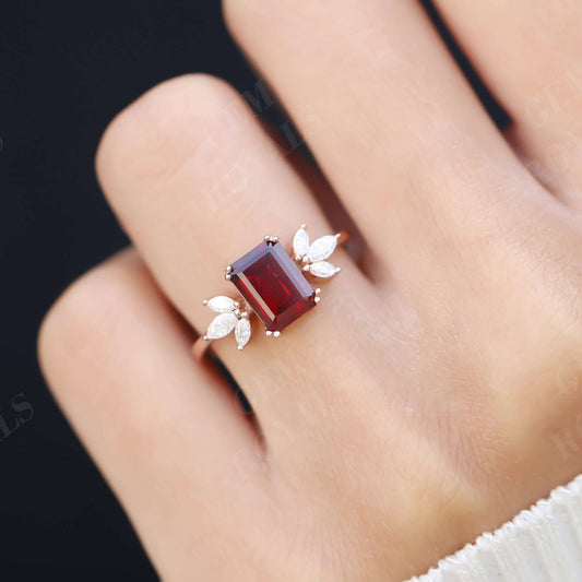 Cluster Emerald Cut Red Garnet Engagement Ring