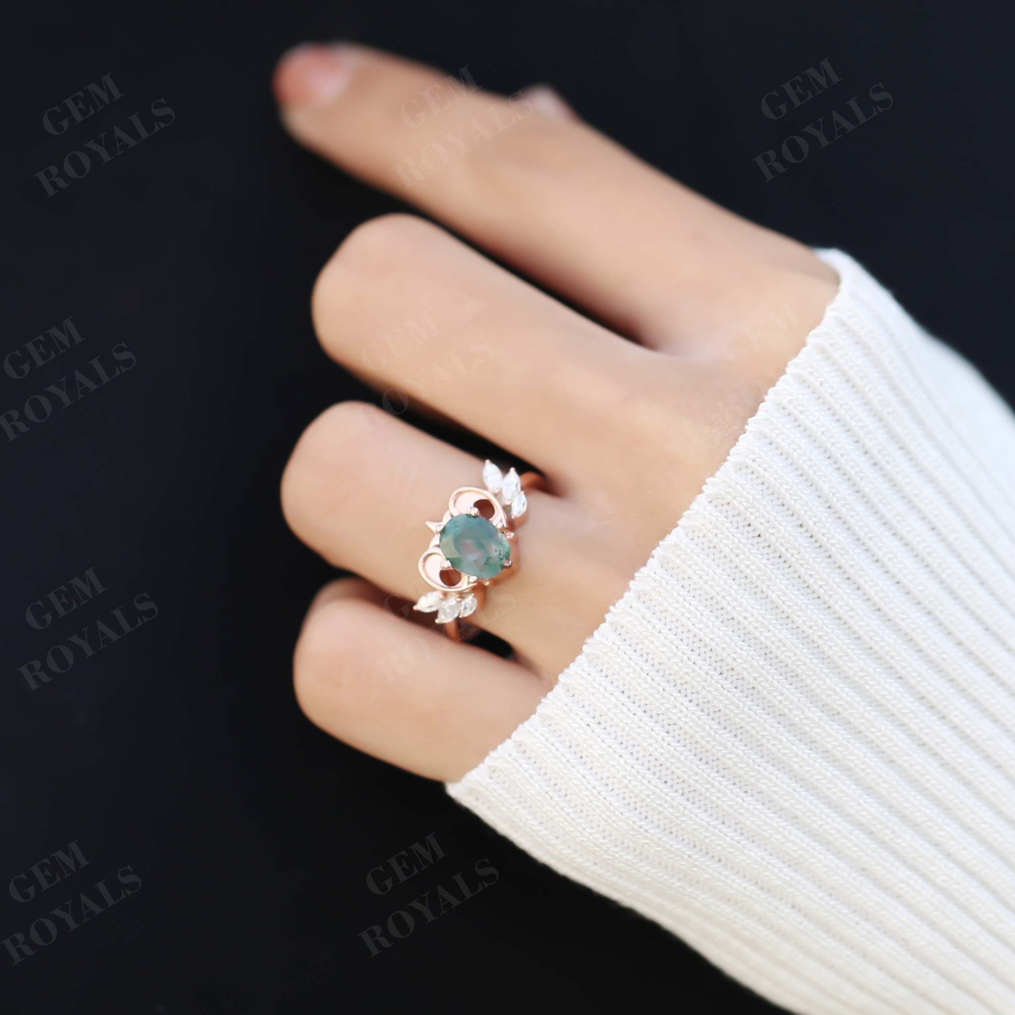 Flying Heart Oval Natural Moss Agate Engagement Ring