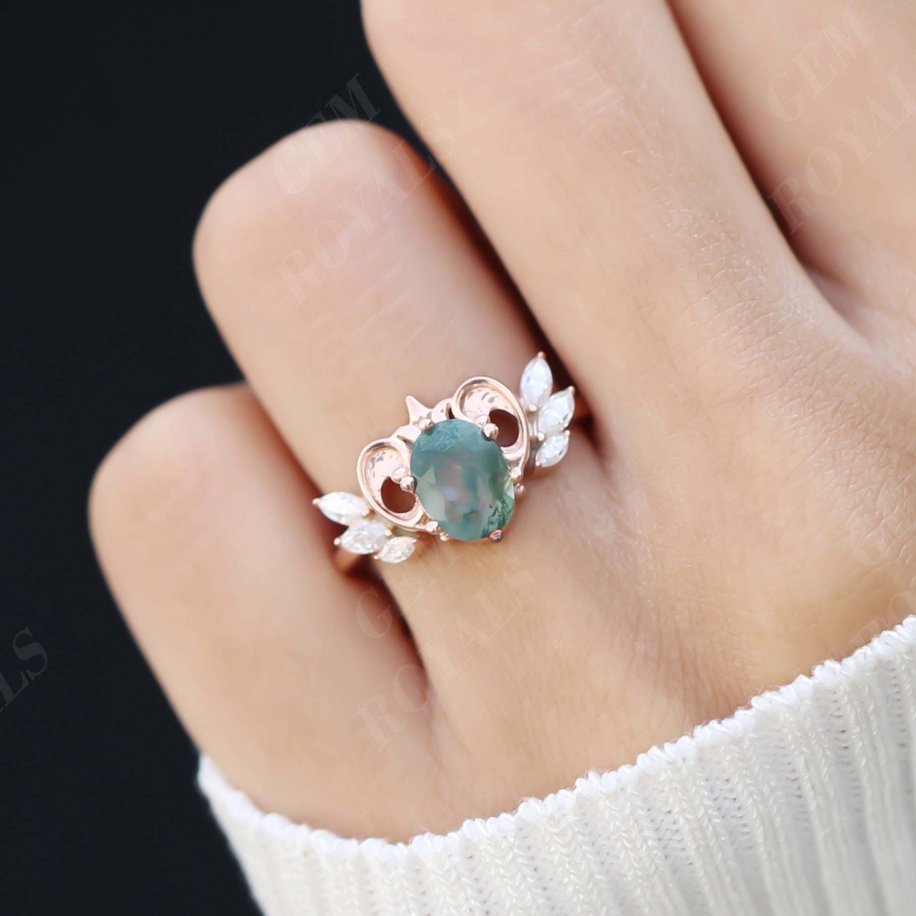 Flying Heart Oval Natural Moss Agate Engagement Ring