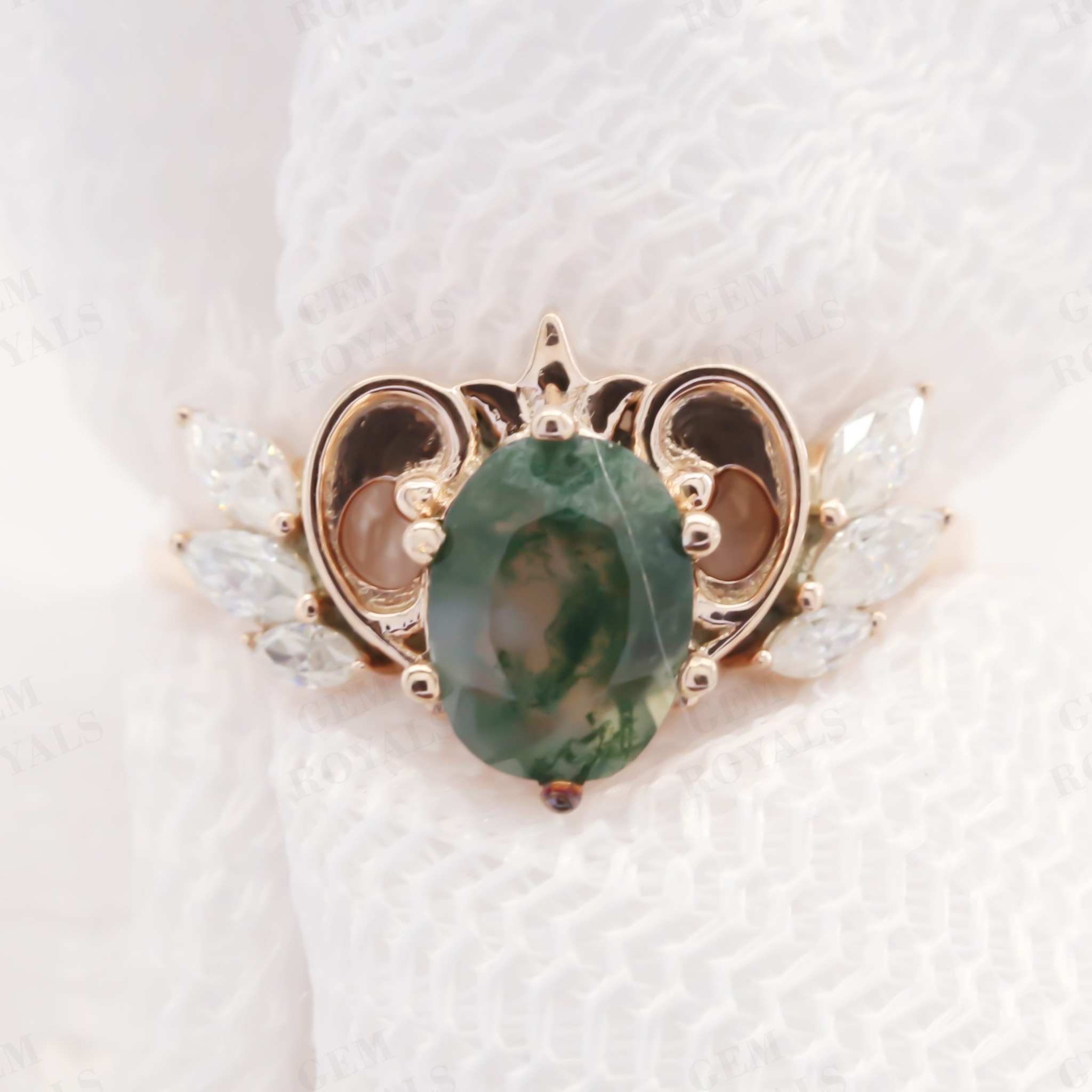 Flying Heart Oval Natural Moss Agate Engagement Ring