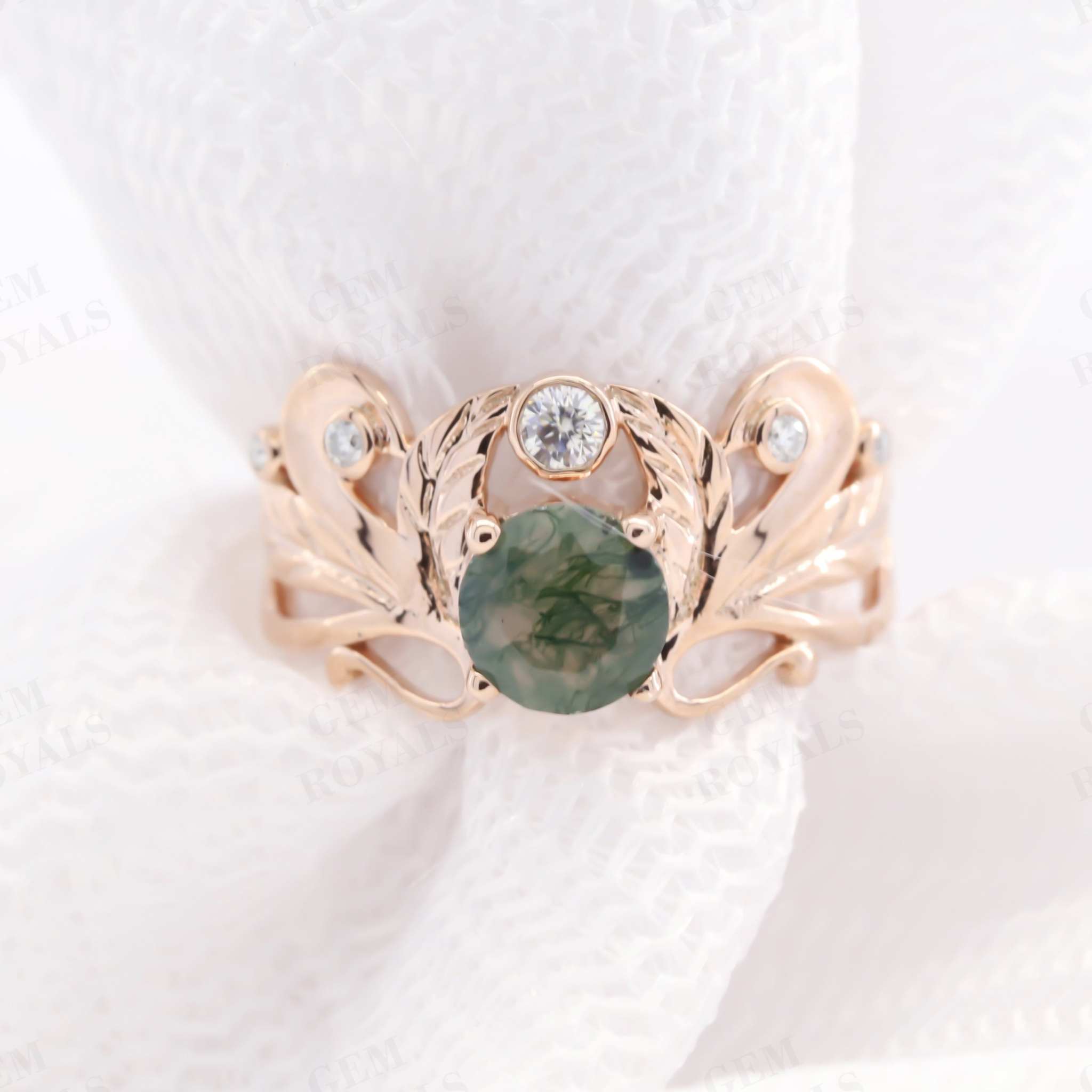 Vintage Style Round Natural Moss Agate Engagement Ring