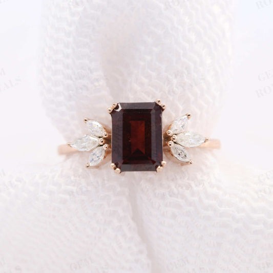 Cluster Emerald Cut Red Garnet Engagement Ring