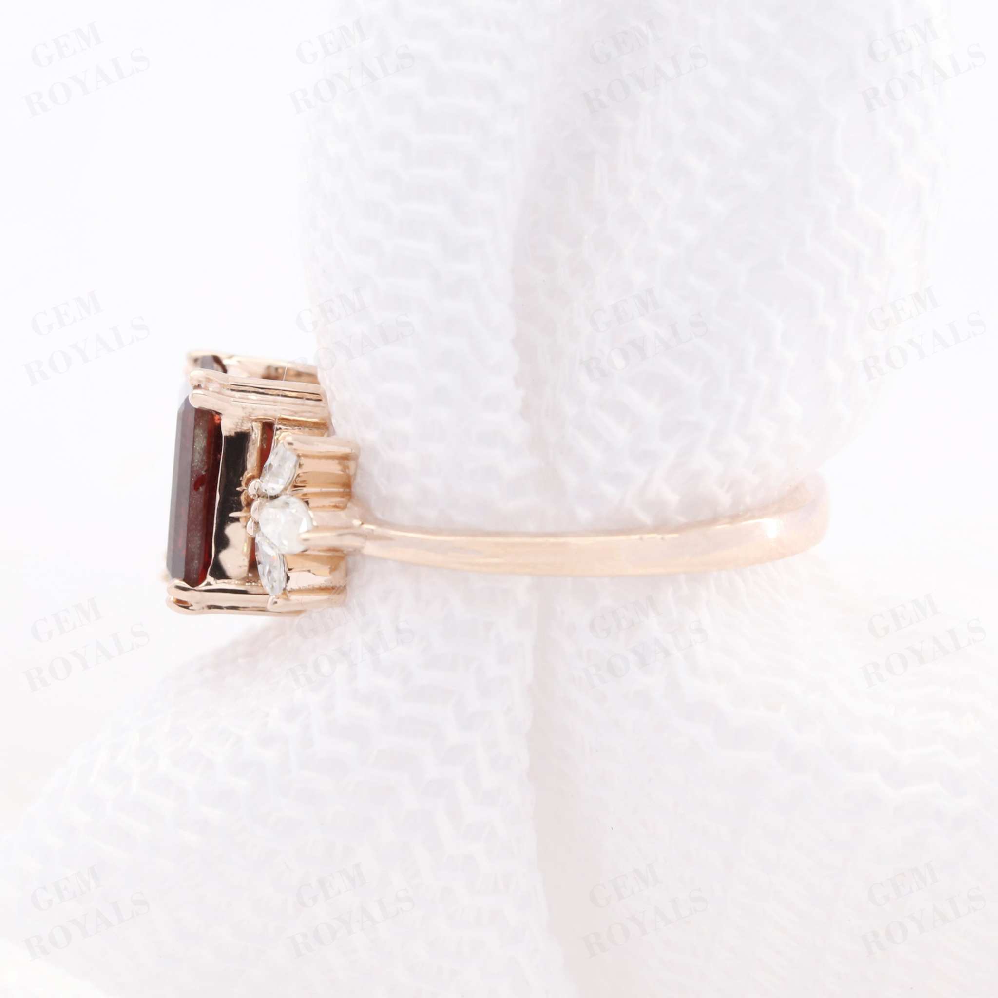 Cluster Emerald Cut Red Garnet Engagement Ring