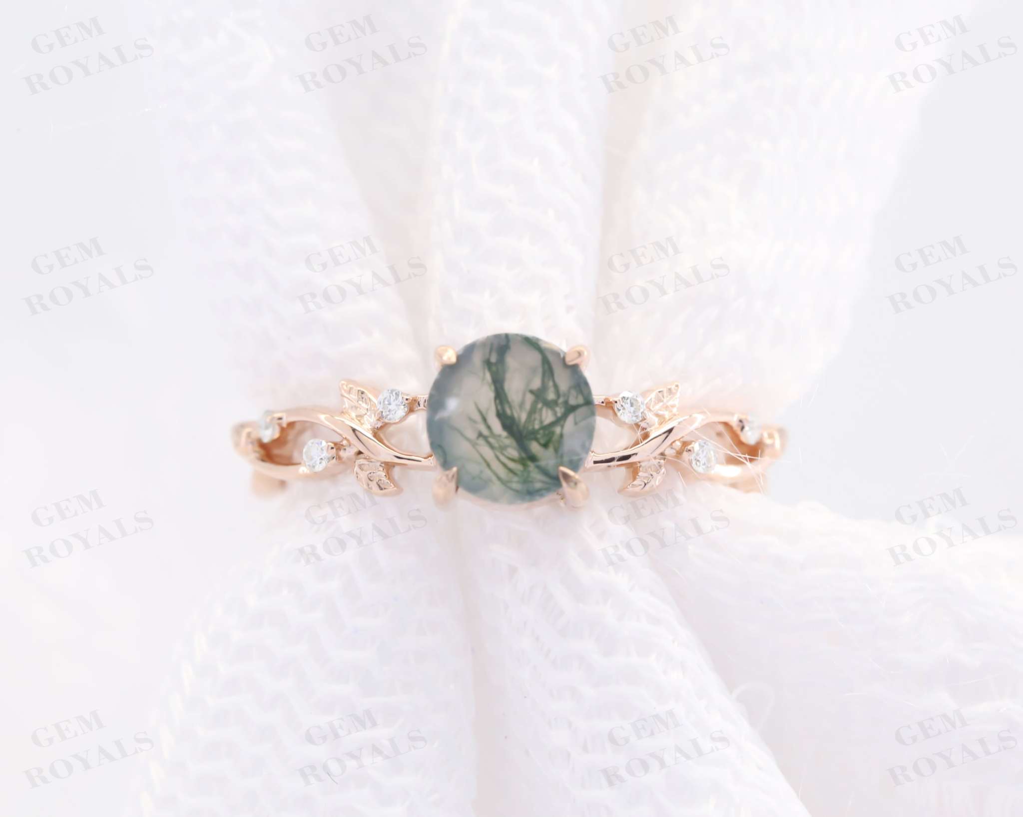 Nature Inspired Round Moss Agate Engagement Ring