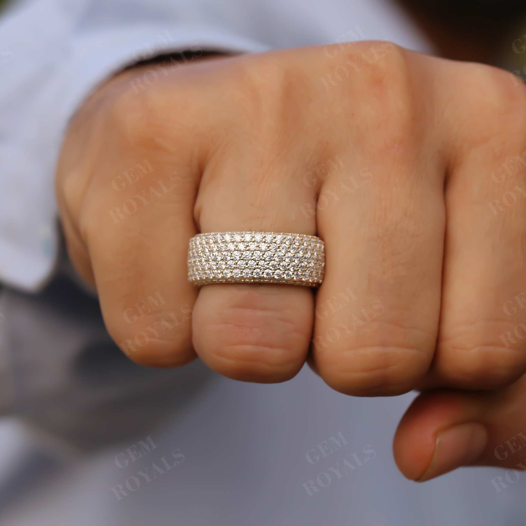 9 MM Wide Pave Set Round Moissanite Men's Wedding Band