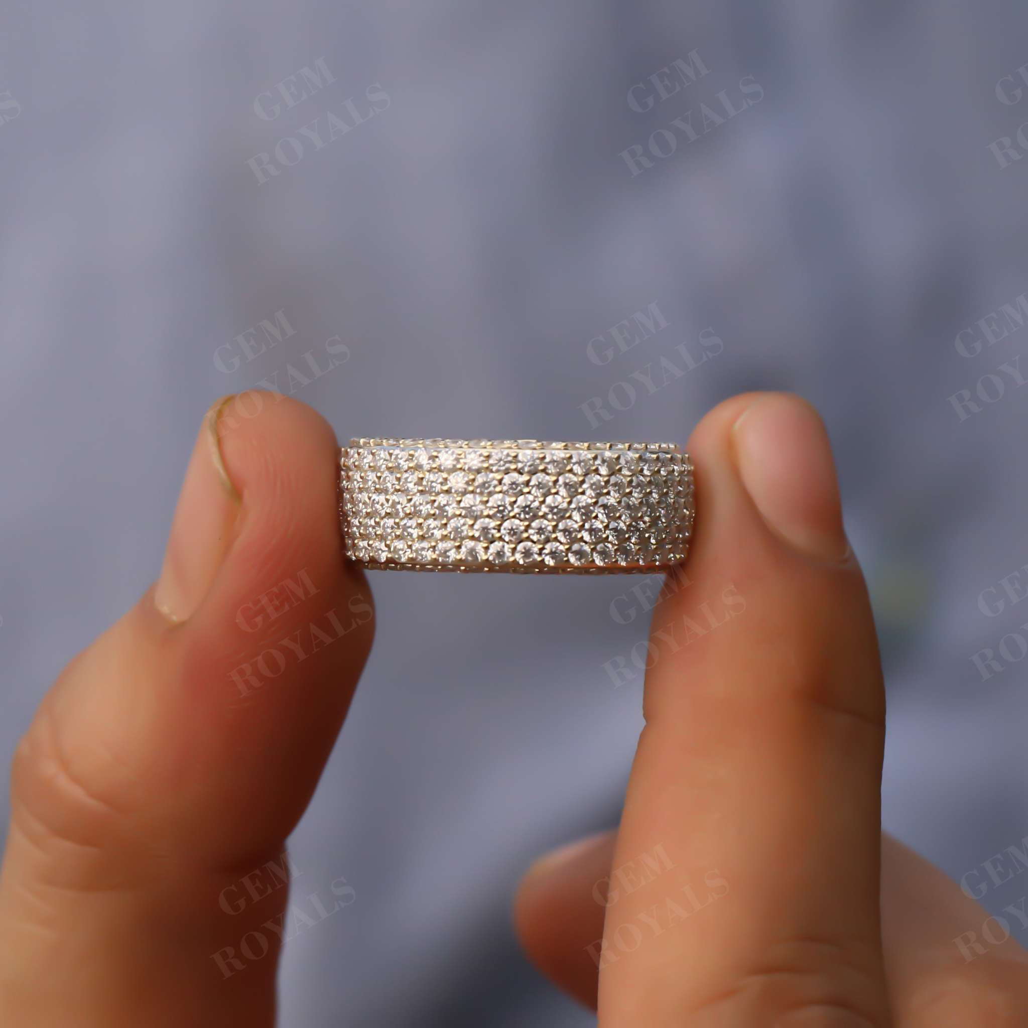 9 MM Wide Pave Set Round Moissanite Men's Wedding Band