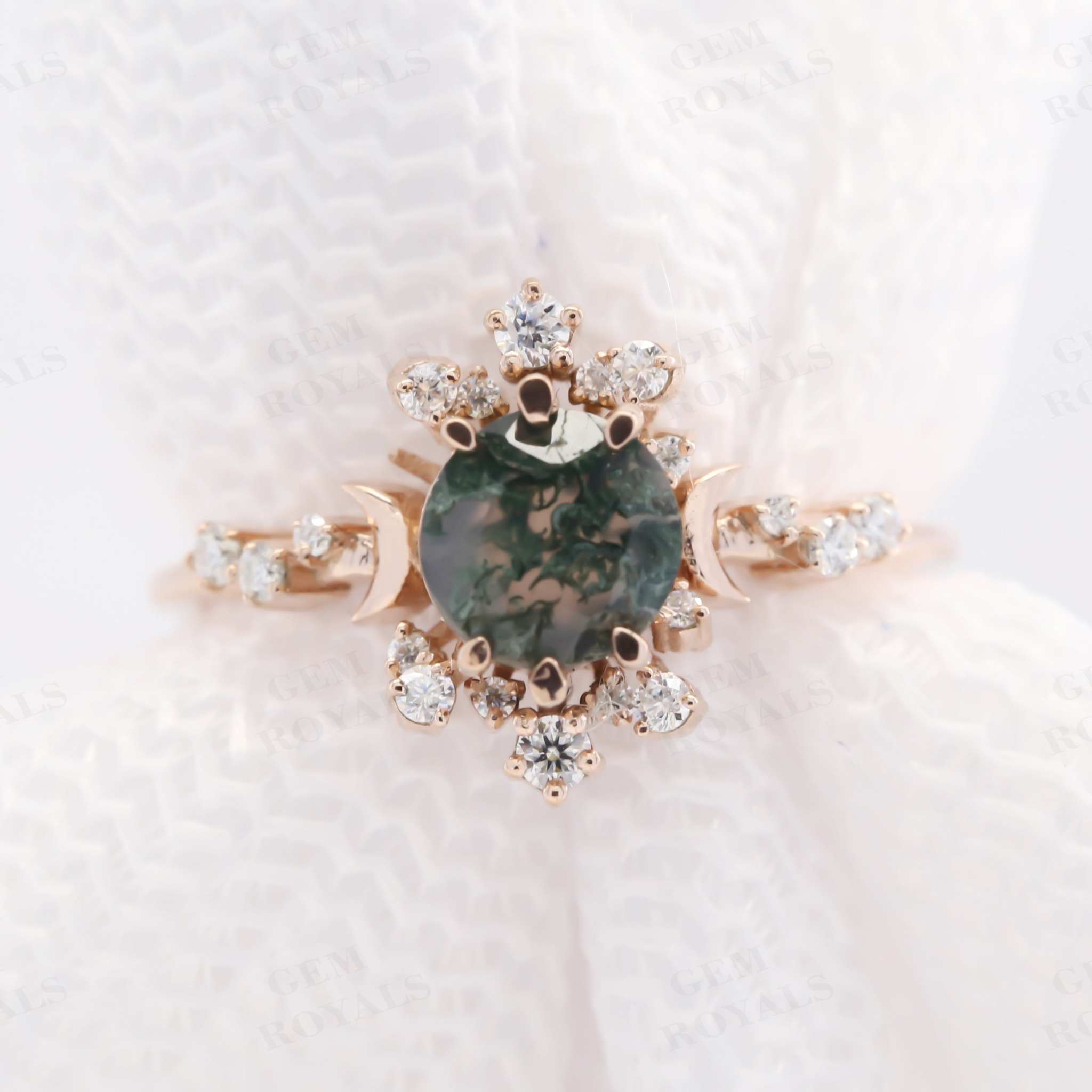 Art Deco Round Natural Green Moss Agate Engagement Ring