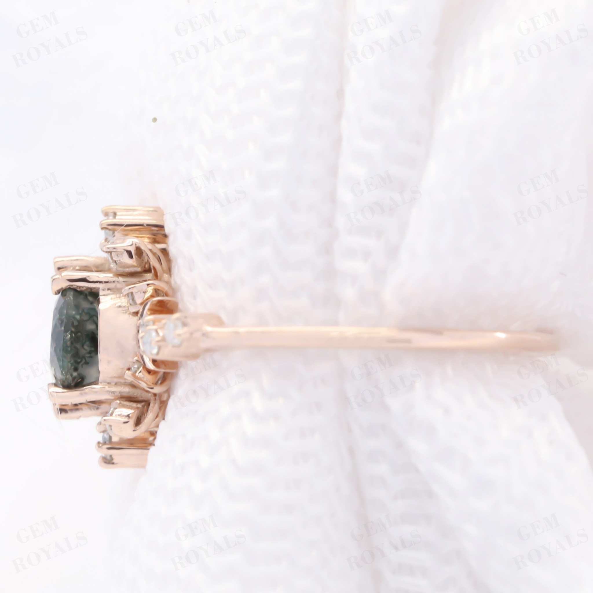 Art Deco Round Natural Green Moss Agate Engagement Ring