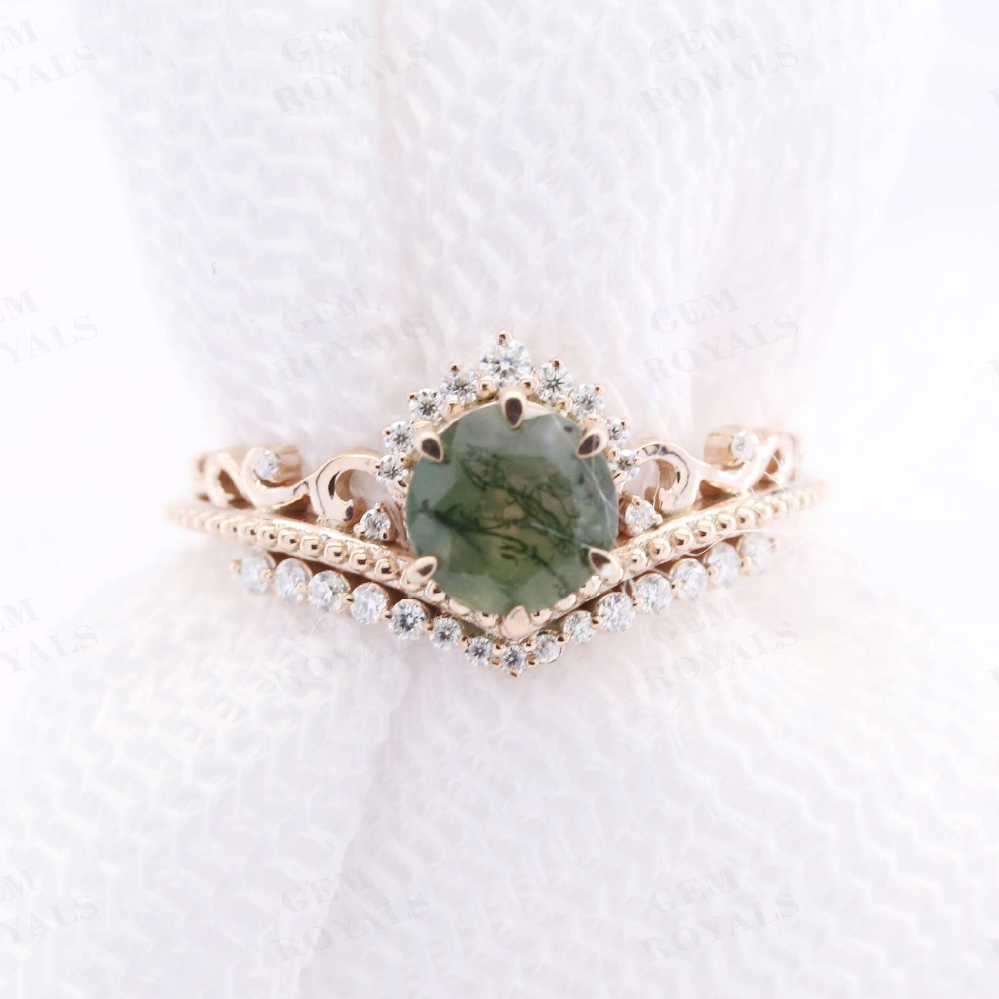 Vintage Style Unique Round Moss Agate Engagement Ring