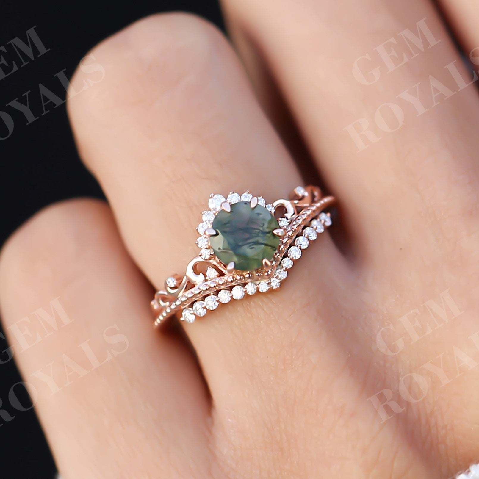 Vintage Style Unique Round Moss Agate Engagement Ring