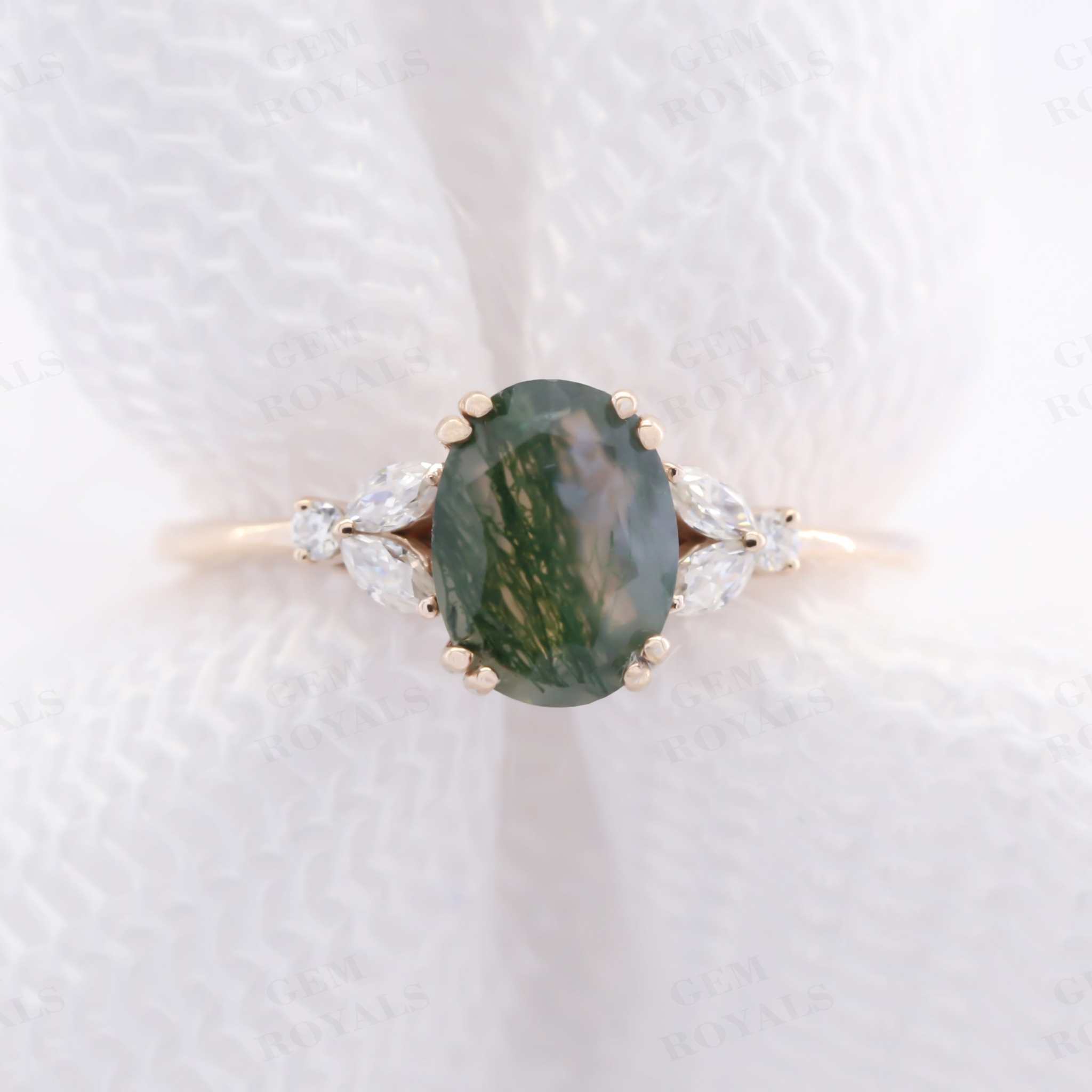 Unique Cluster Oval Green Moss Agate Engagement Ring