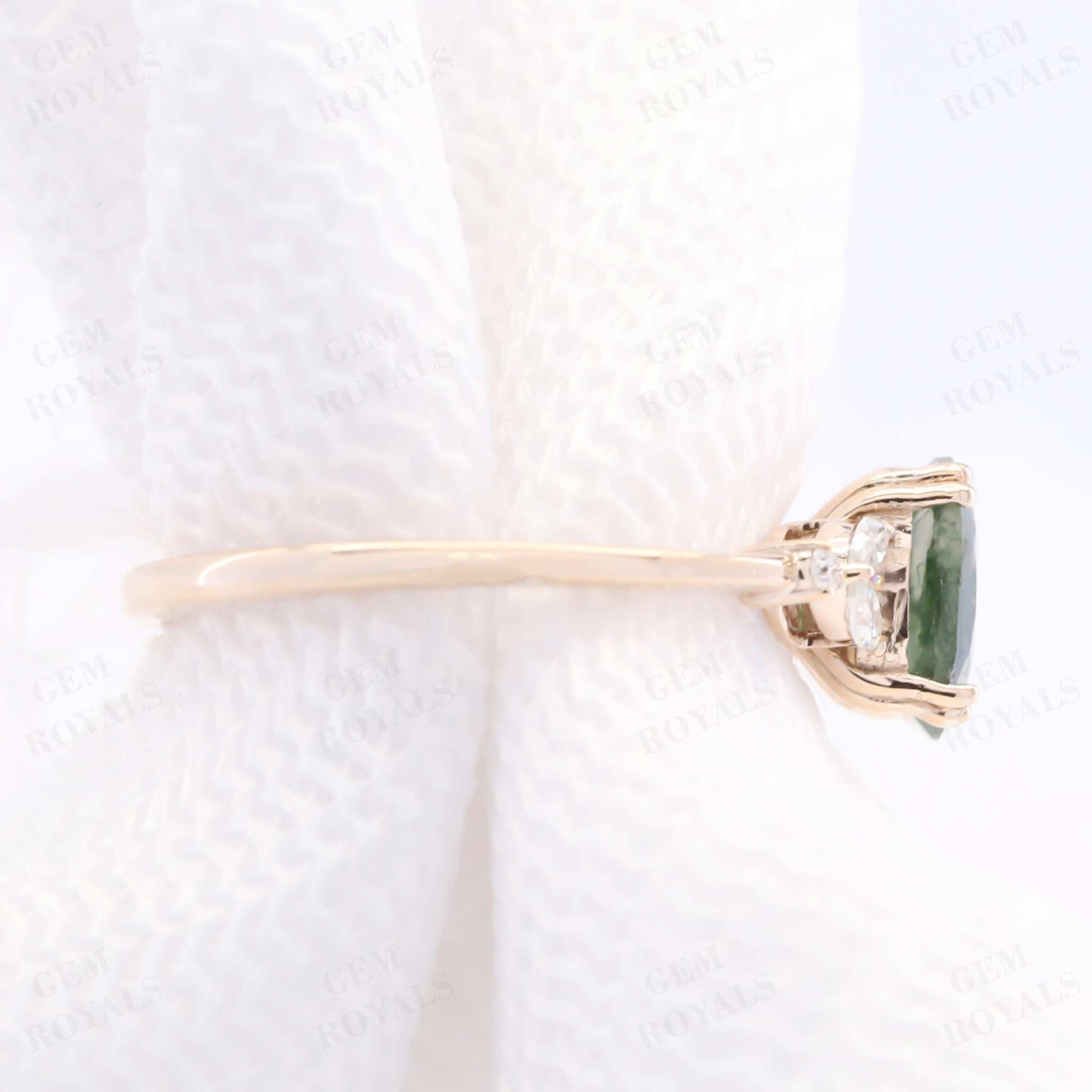 Unique Cluster Oval Green Moss Agate Engagement Ring