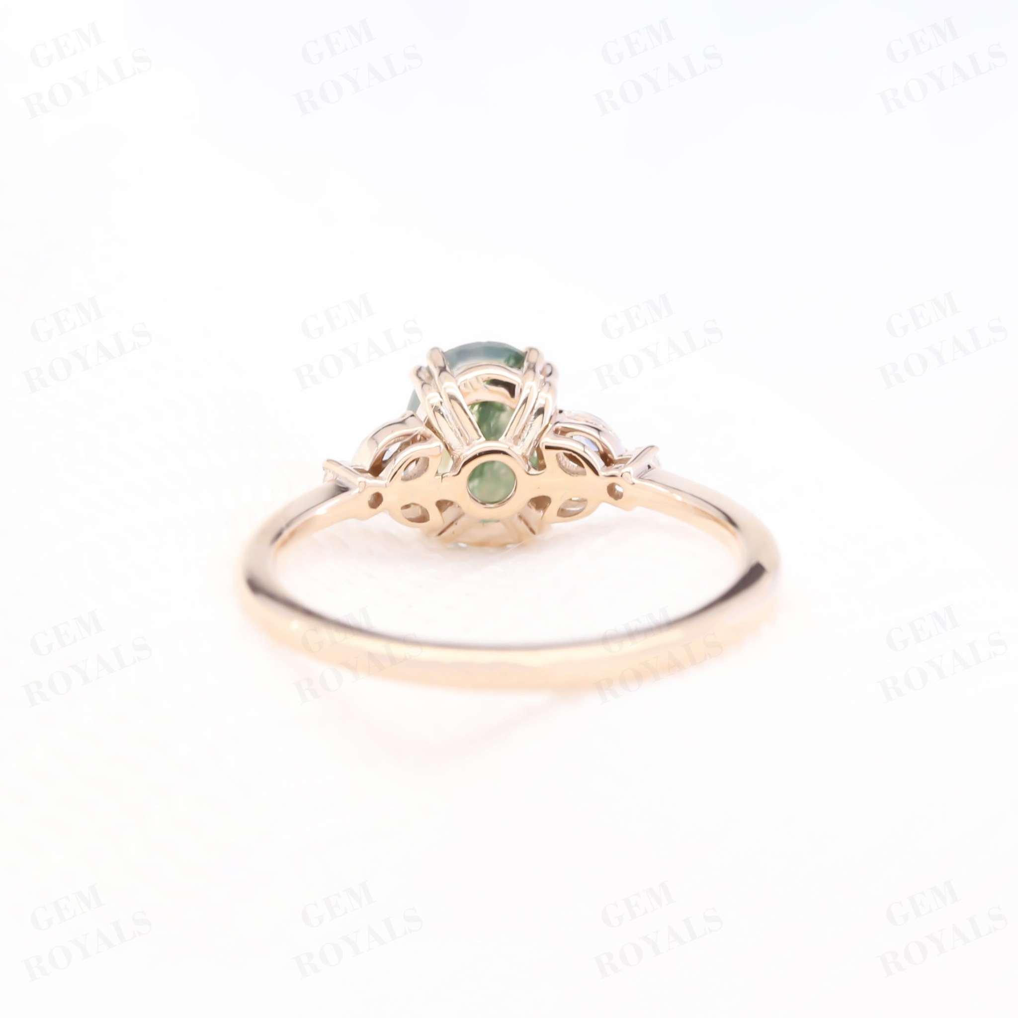 Unique Cluster Oval Green Moss Agate Engagement Ring