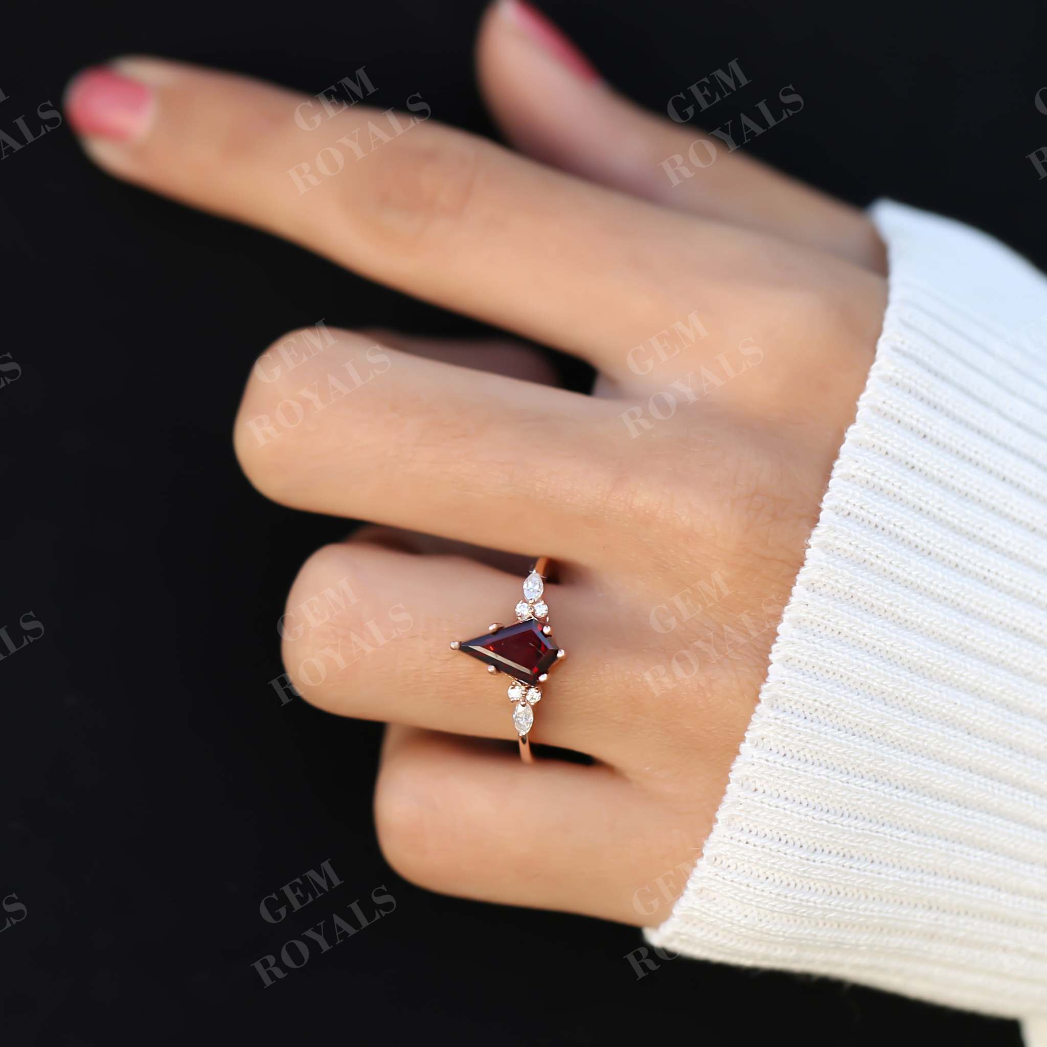 Unique Cluster Style Kite Cut Garnet Engagement Ring