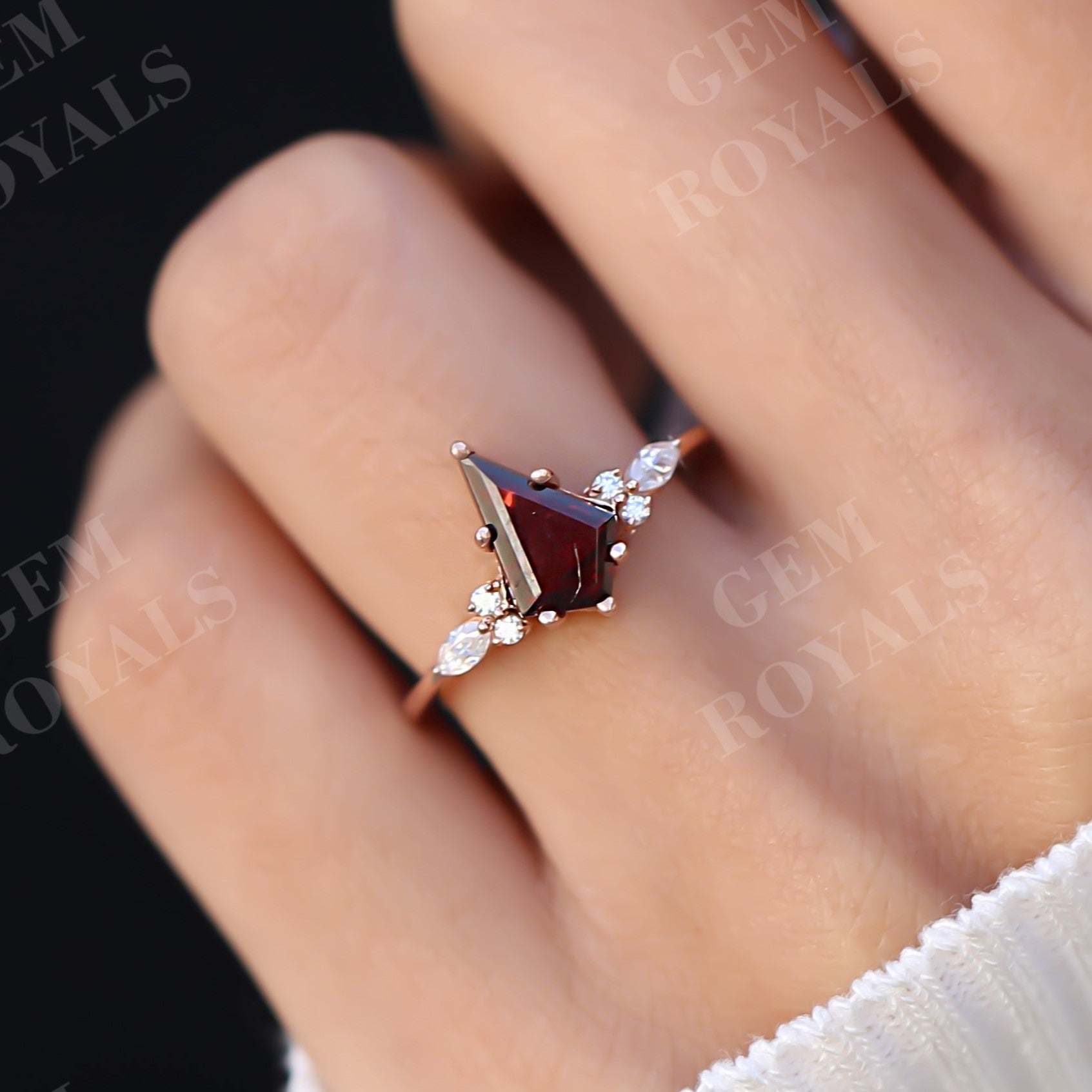 Unique Cluster Style Kite Cut Garnet Engagement Ring