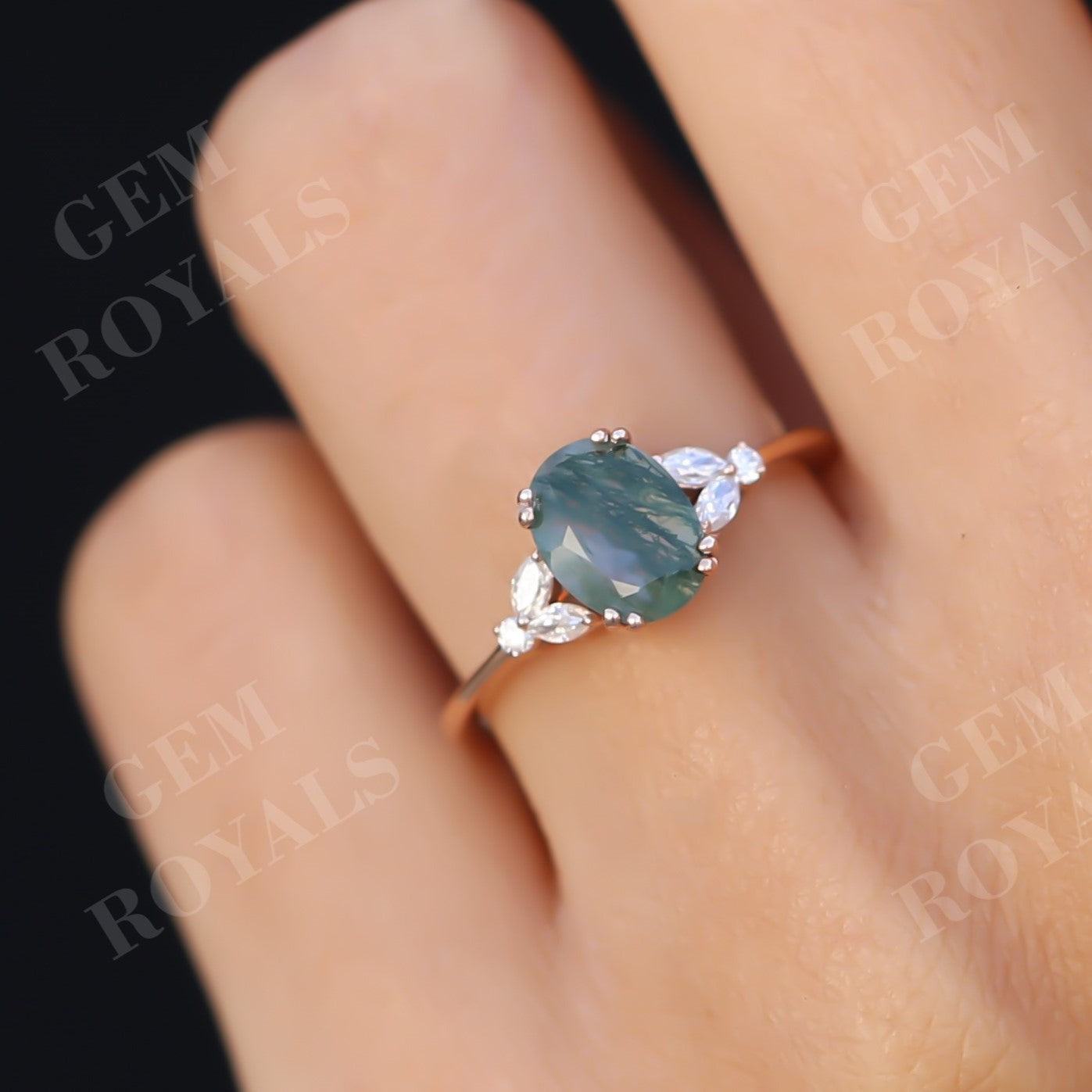 Unique Cluster Oval Green Moss Agate Engagement Ring