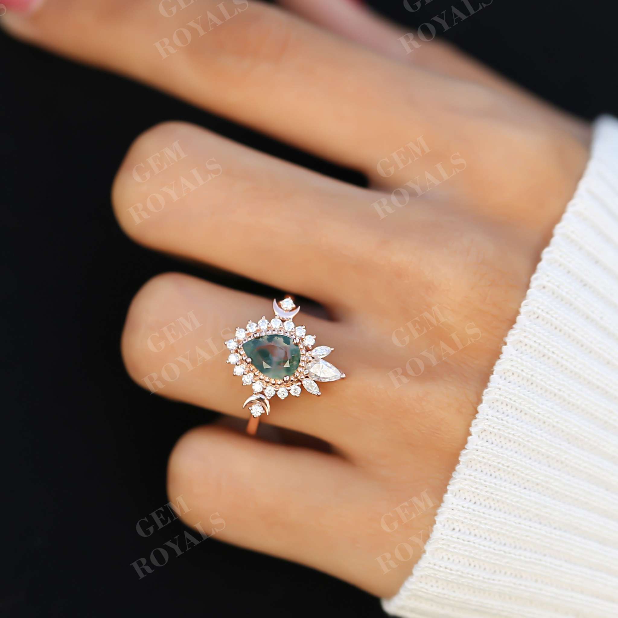 Vintage Pear Shaped Moss Agate Halo Engagement Ring