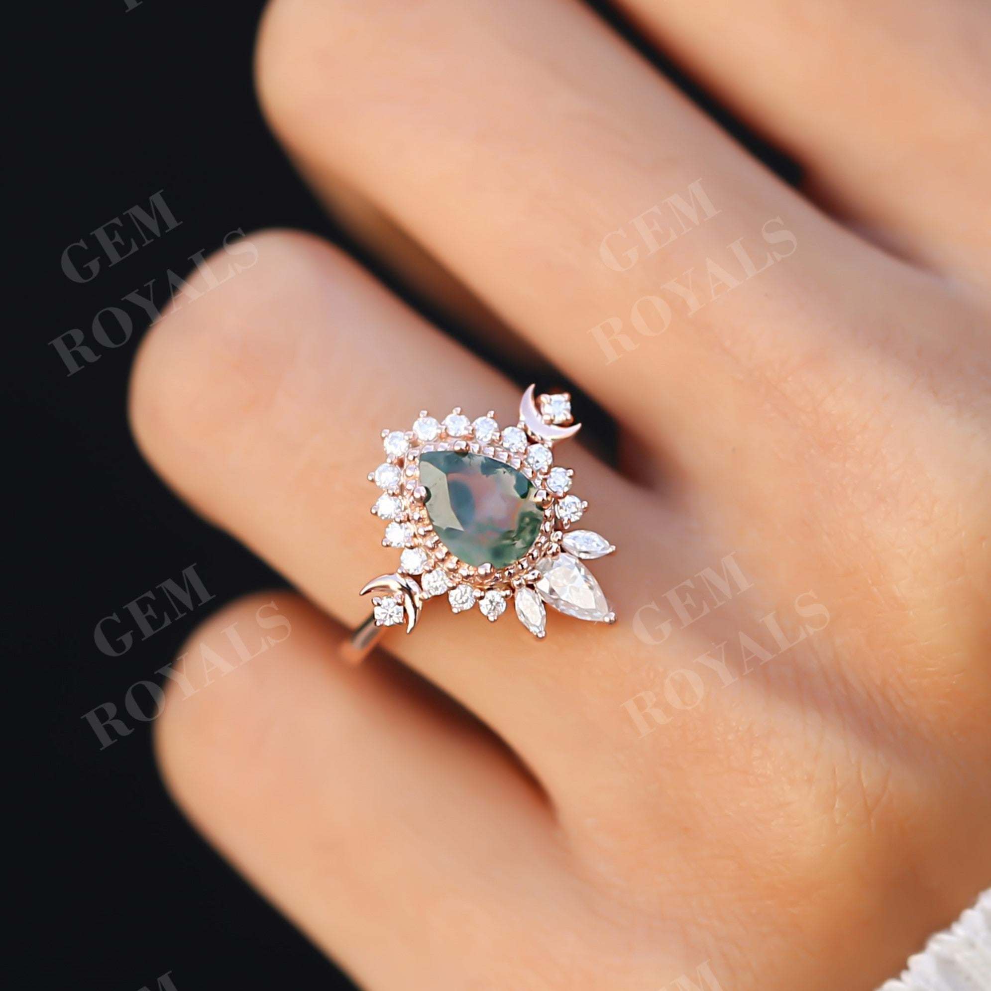 Vintage Pear Shaped Moss Agate Halo Engagement Ring