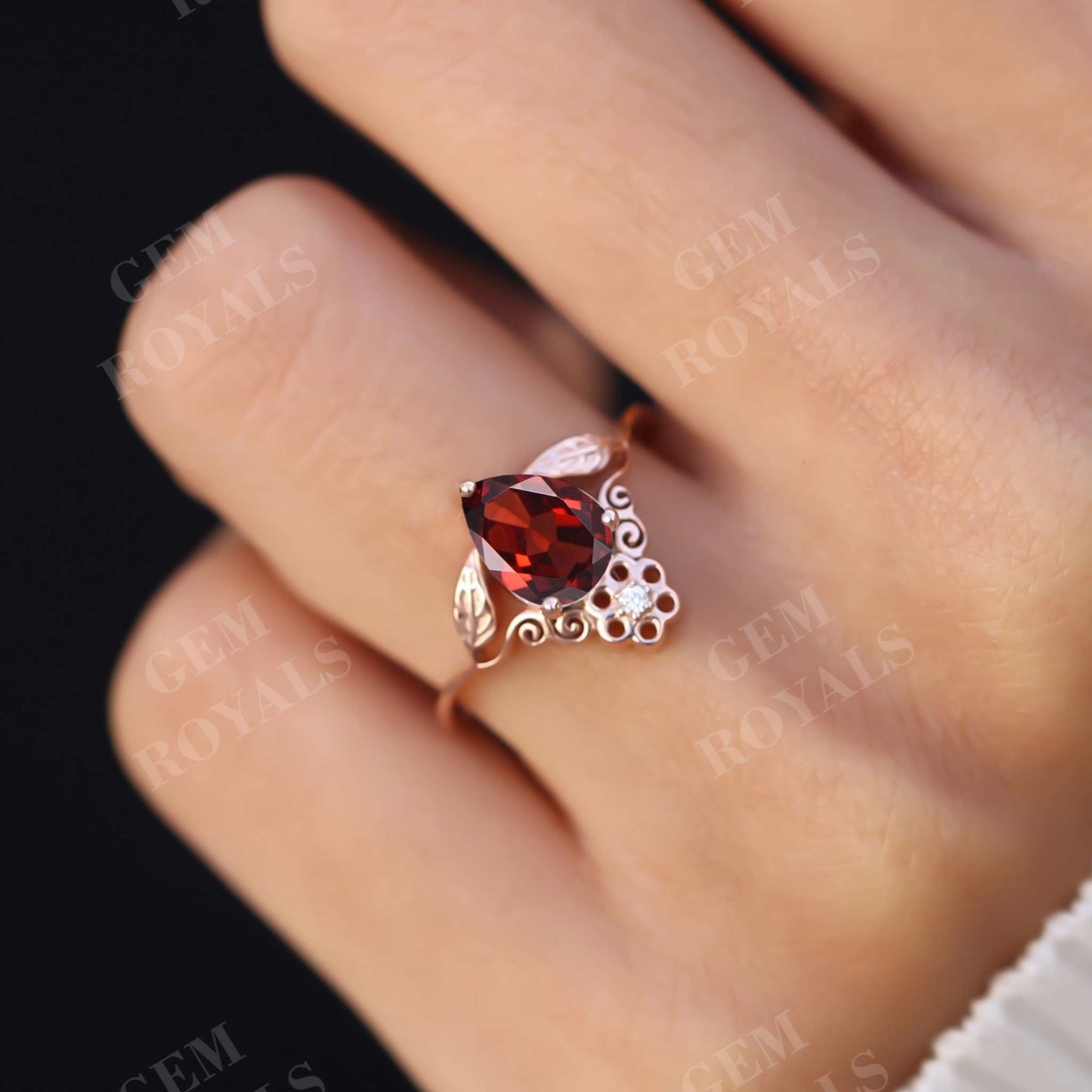 Vintage Flower Style Art Deco Pear Cut Garnet Engagement Ring