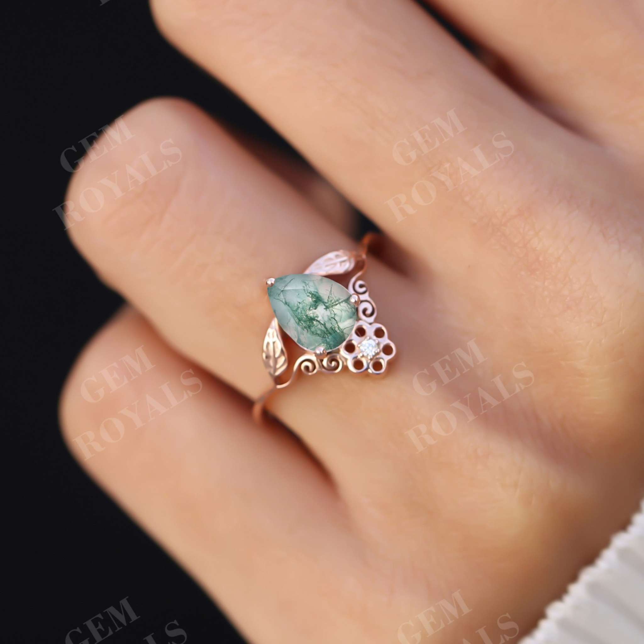 Vintage Pear Shaped Green Moss Agate Engagement Ring