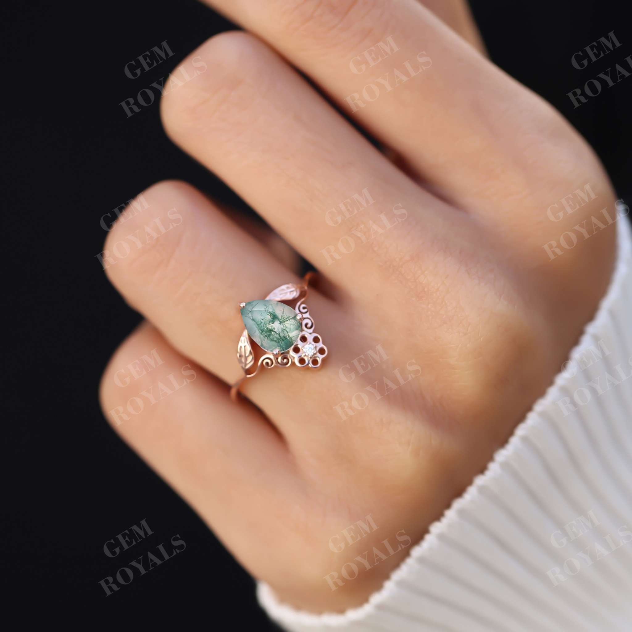 Vintage Pear Shaped Green Moss Agate Engagement Ring