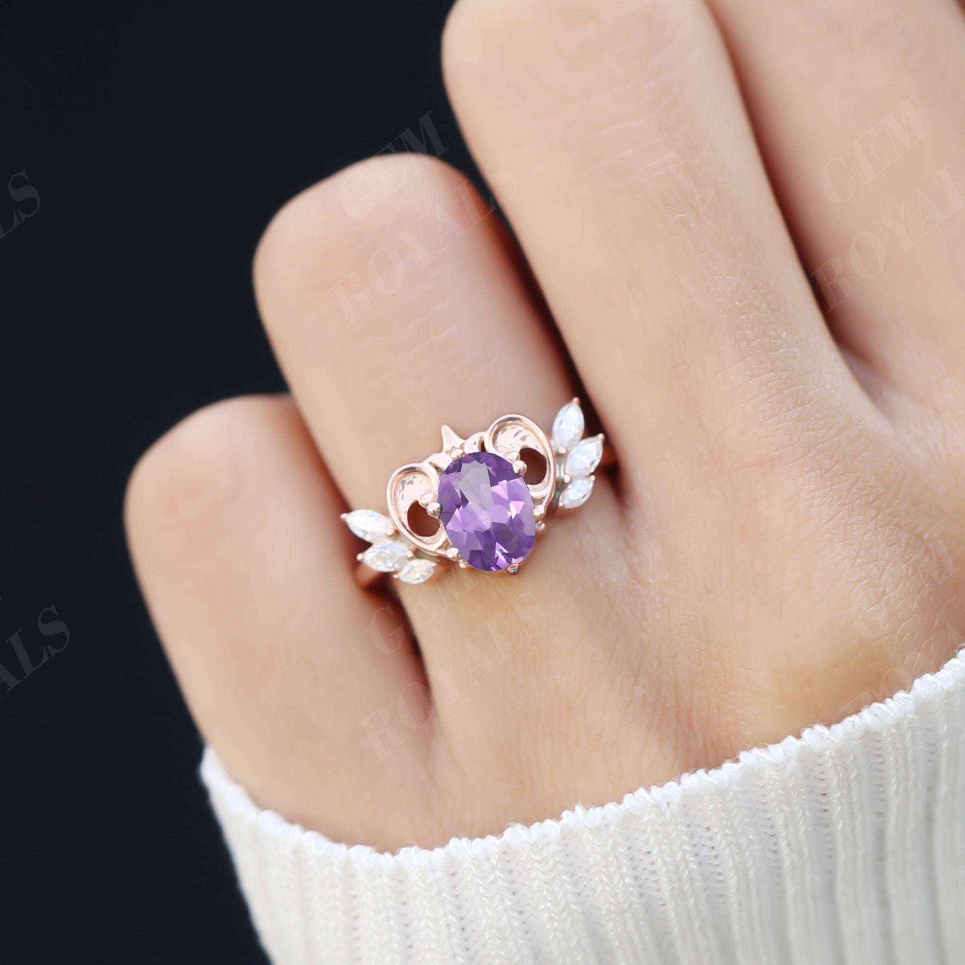 Vintage Style Oval and Marquise Amethyst Engagement Ring