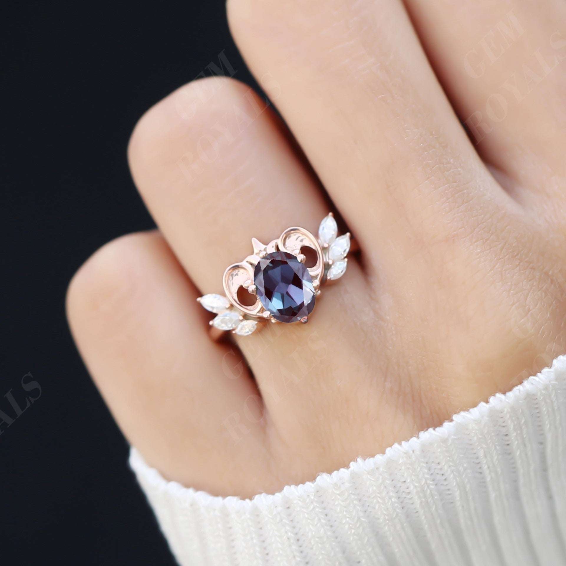 Unique Flying Heart Oval Alexandrite Engagement Ring