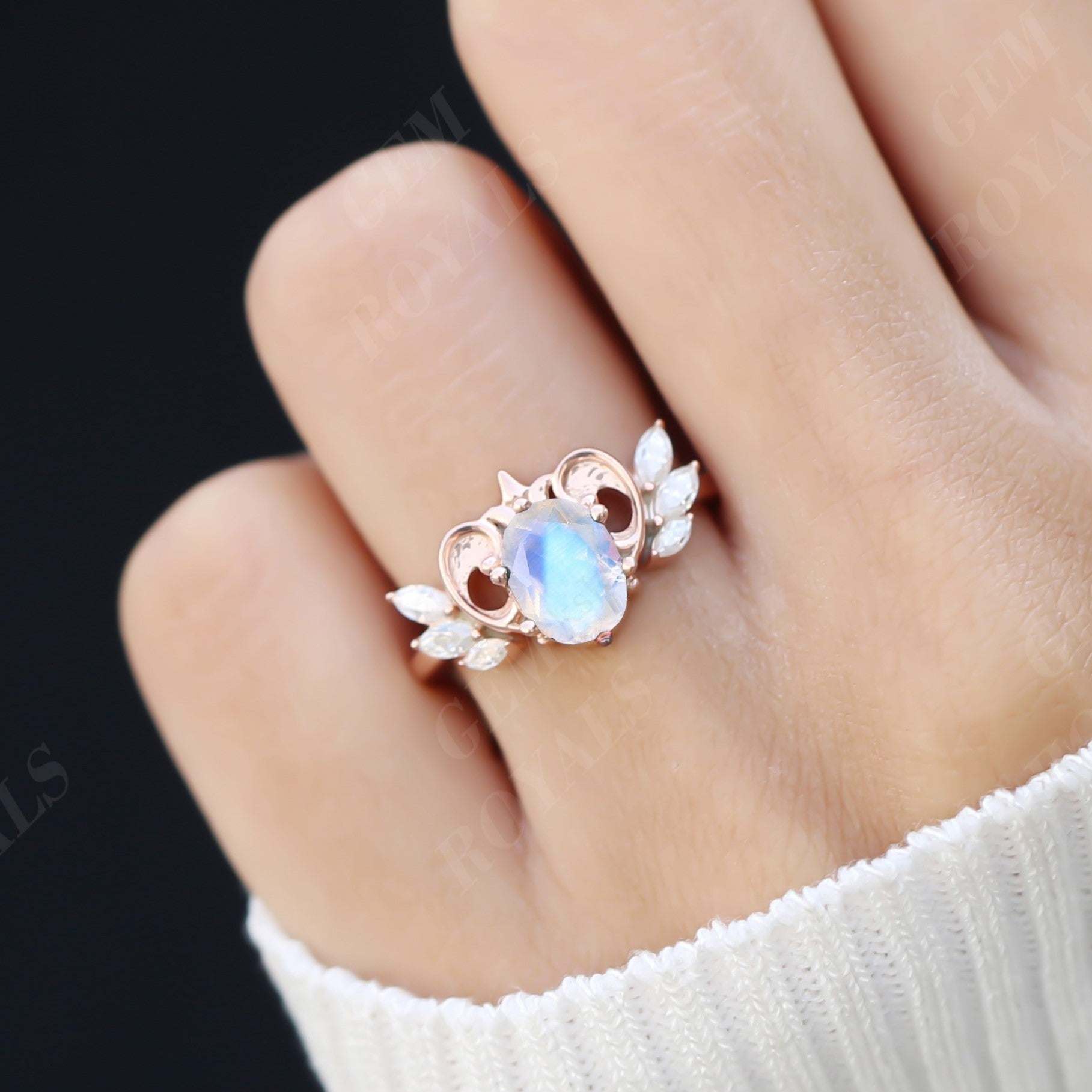 Art Deco Oval Cut Rainbow Moonstone Engagement Ring