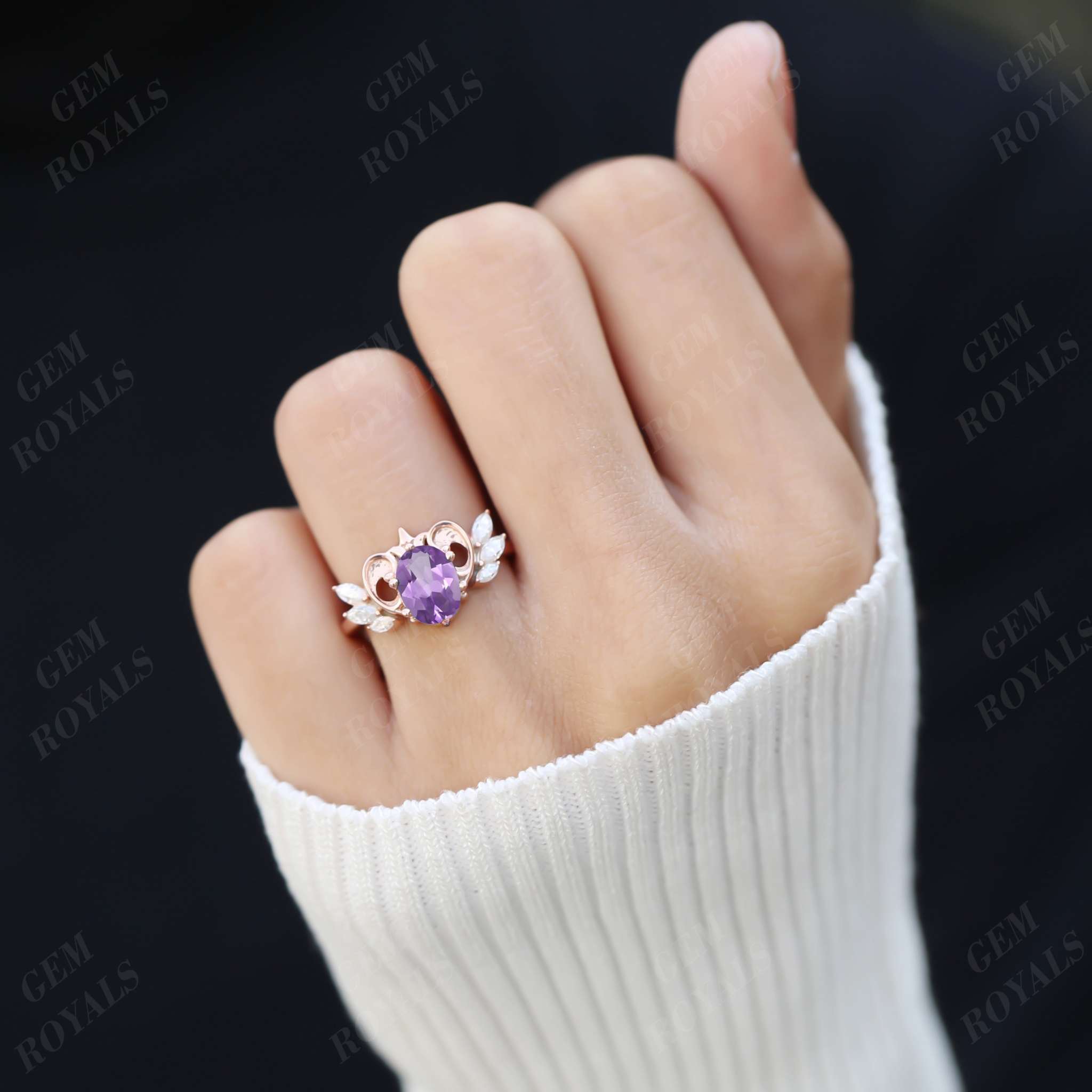 Vintage Style Oval and Marquise Amethyst Engagement Ring