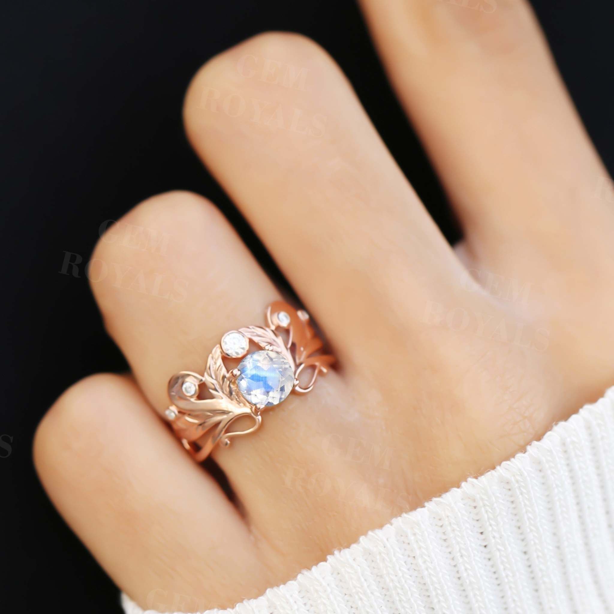 Dainty Solitaire Round Rainbow Moonstone Engagement Ring