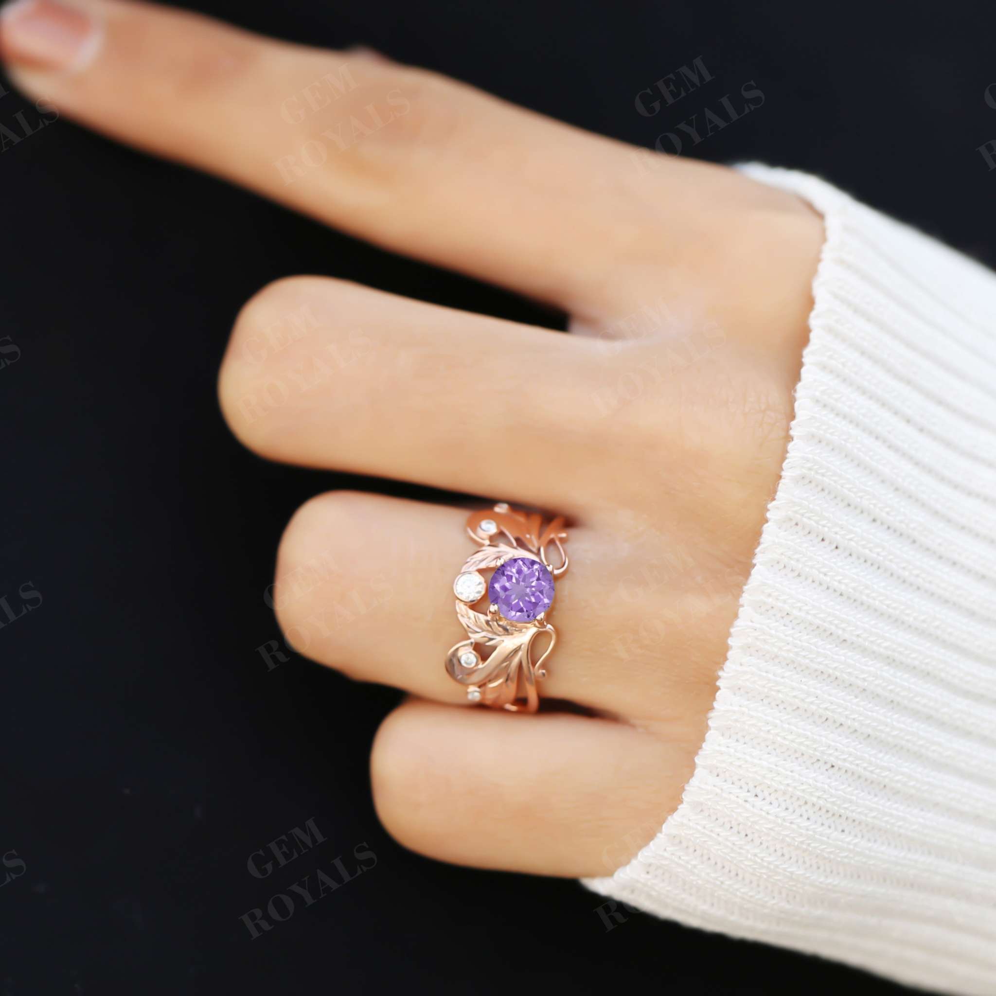 Vintage Style Art Deco Round Purple Amethyst Engagement Ring