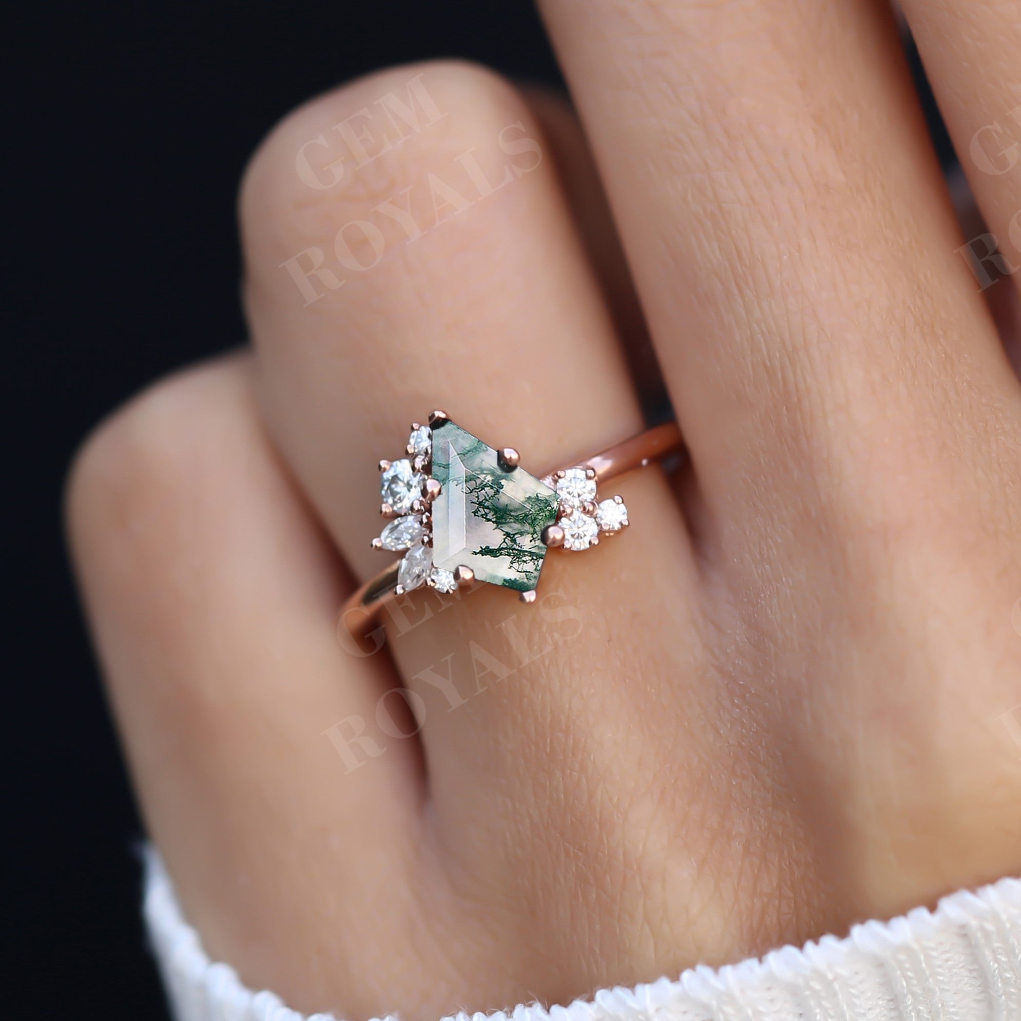 Vintage Kite Cut Natural Moss Agate Cluster Engagement Ring