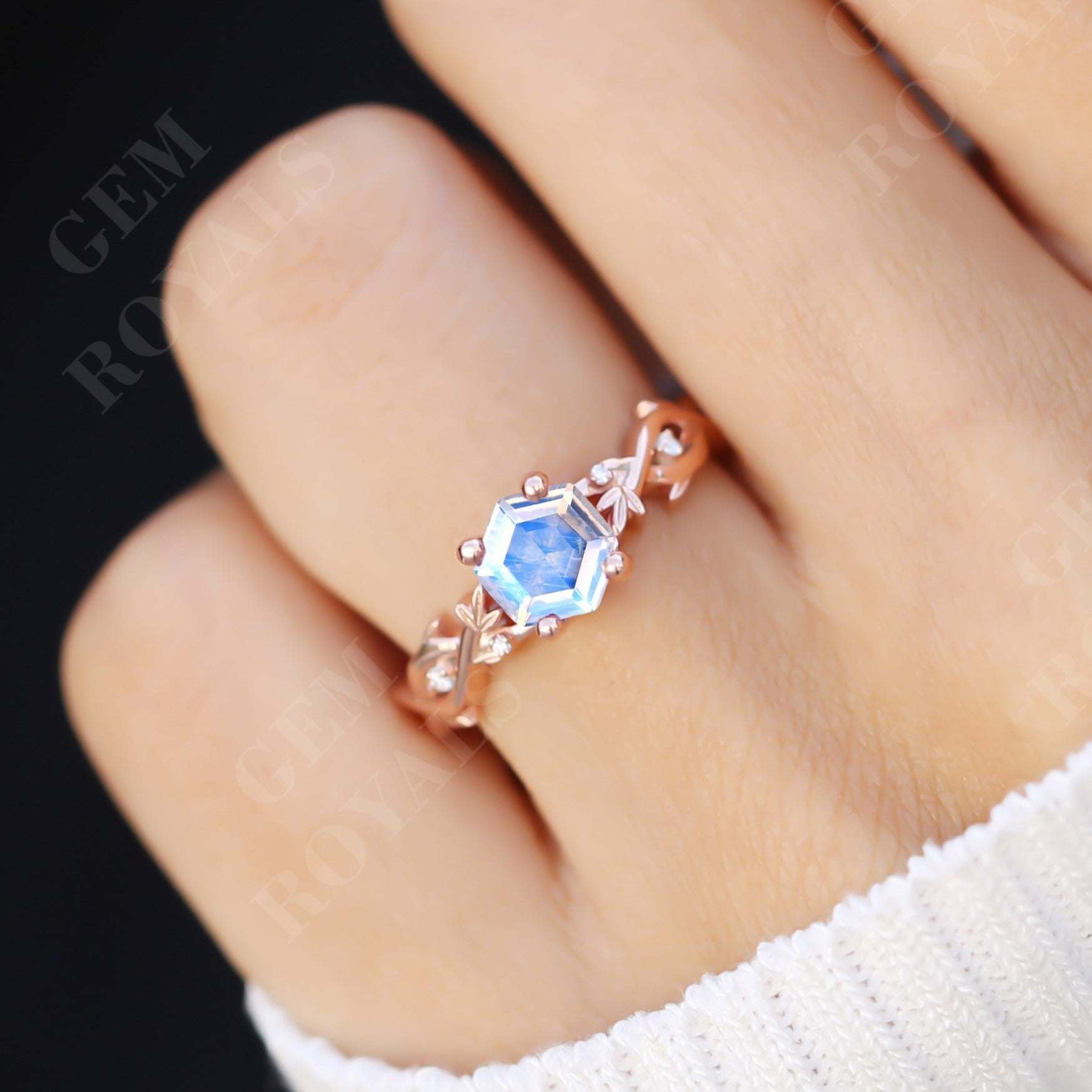 Nature Inspired Hexagon Rainbow Moonstone Engagement Ring