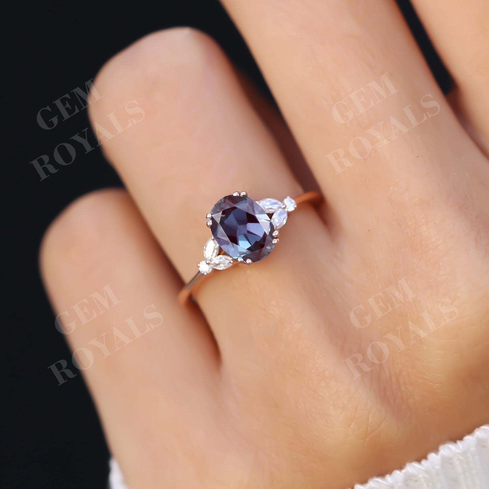 Cluster Oval Cut Alexandrite Engagement Ring