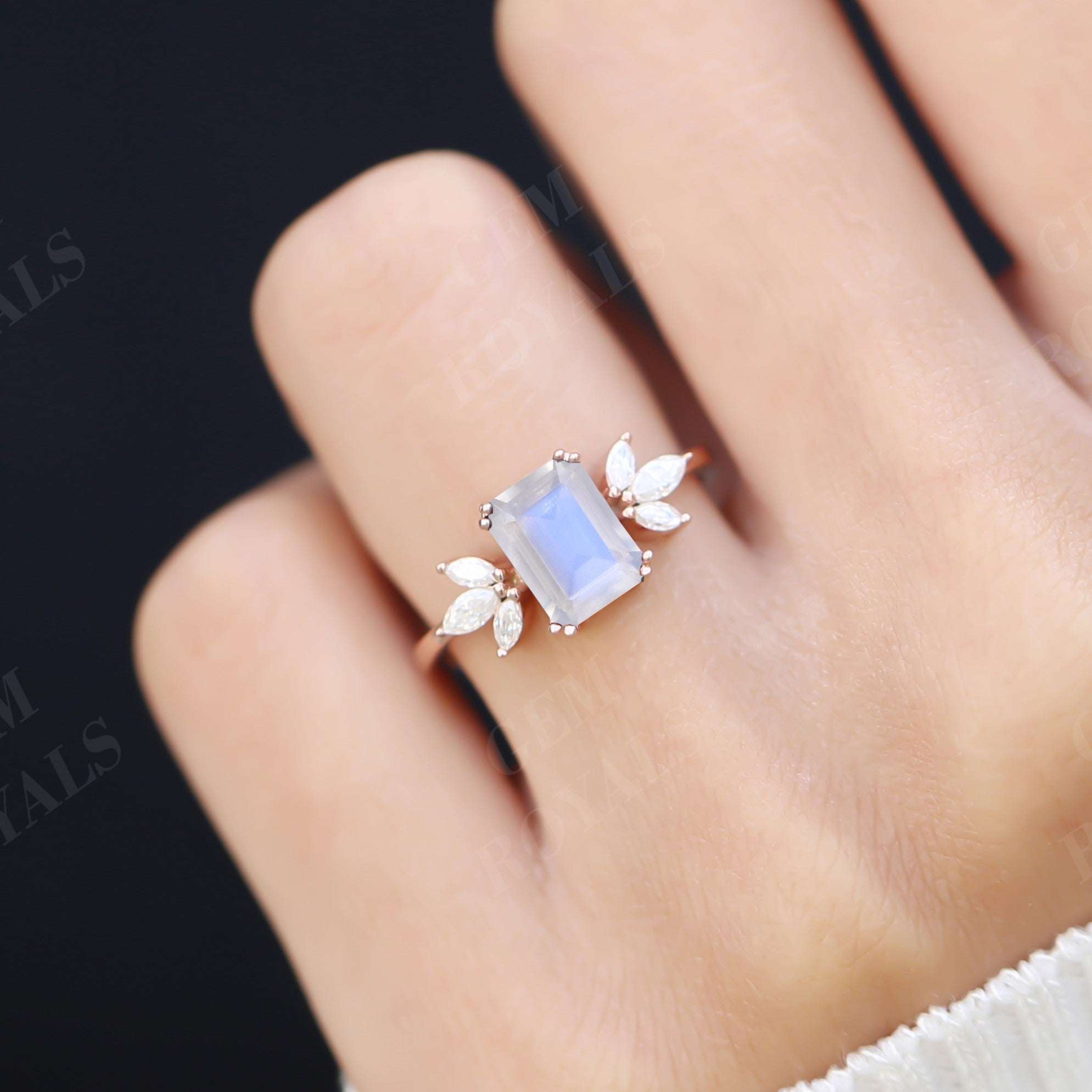 Cluster Emerald Cut Rainbow Moonstone Engagement Ring