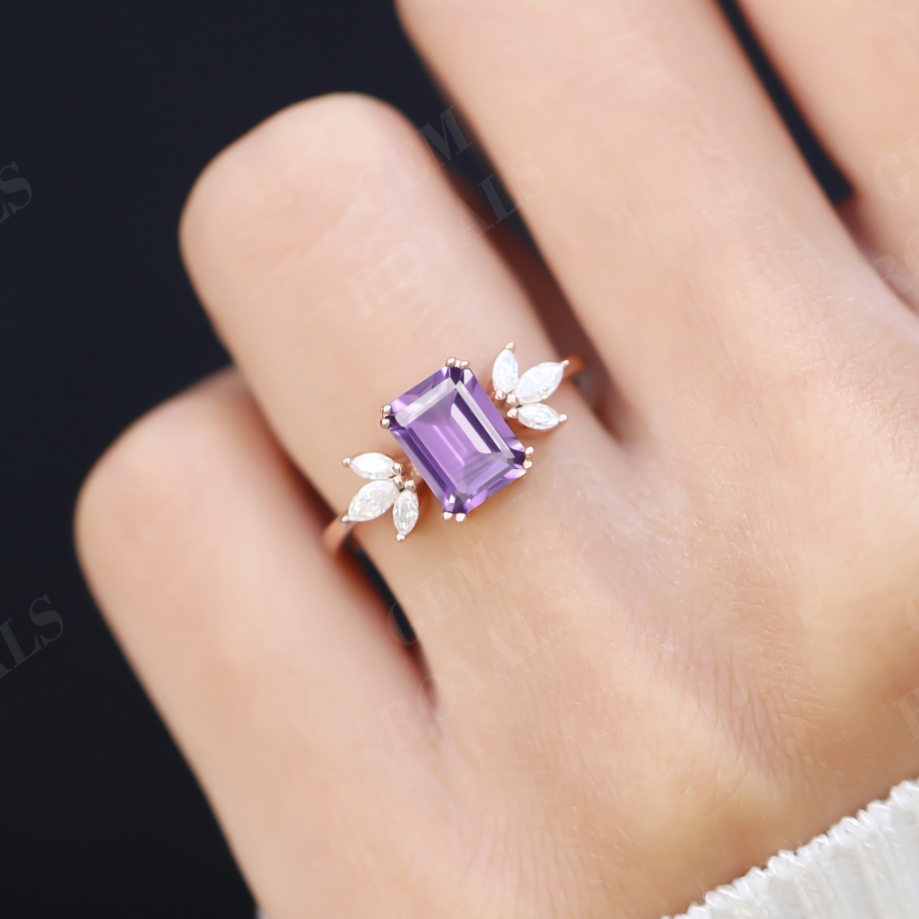 Solitaire Emerald Cut Natural Amethyst Engagement Ring