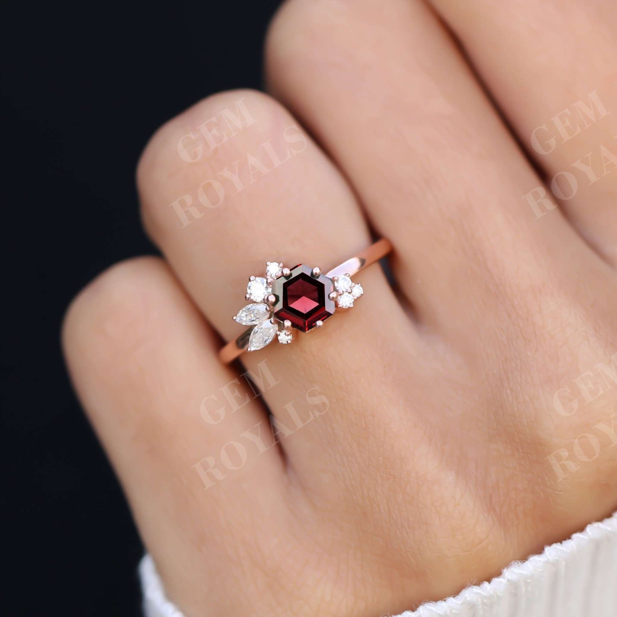 Hexagon Cut Red Garnet Vintage Style Engagement Ring