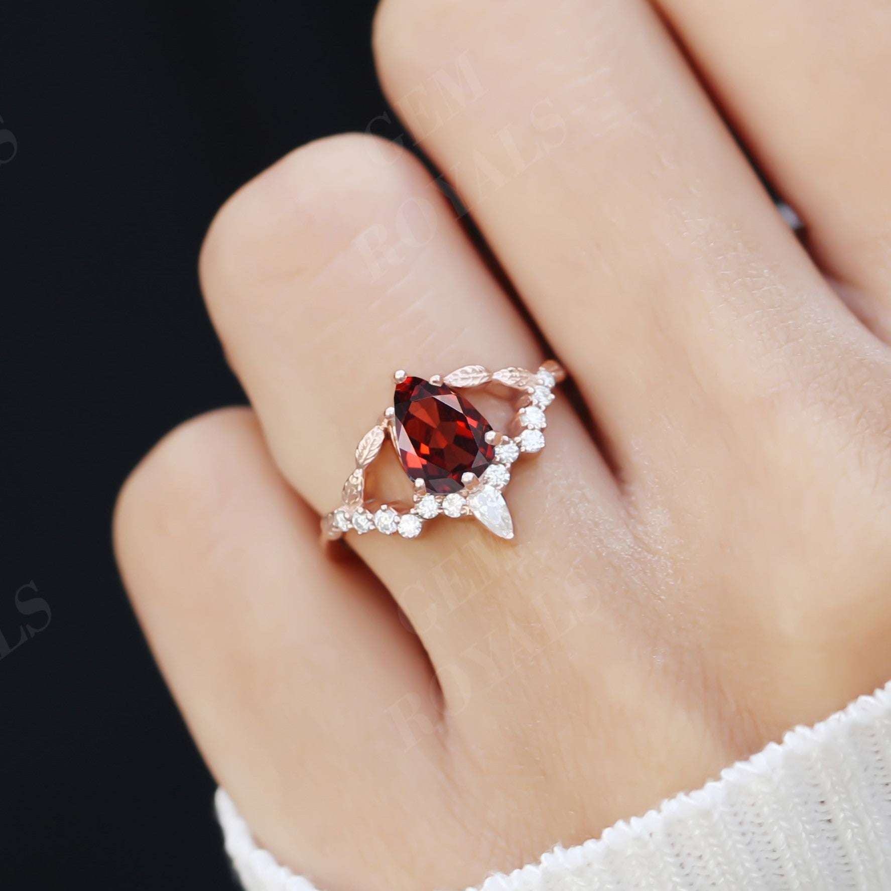 Nature Inspired Pear Shaped Natural Garnet Engagement Ring