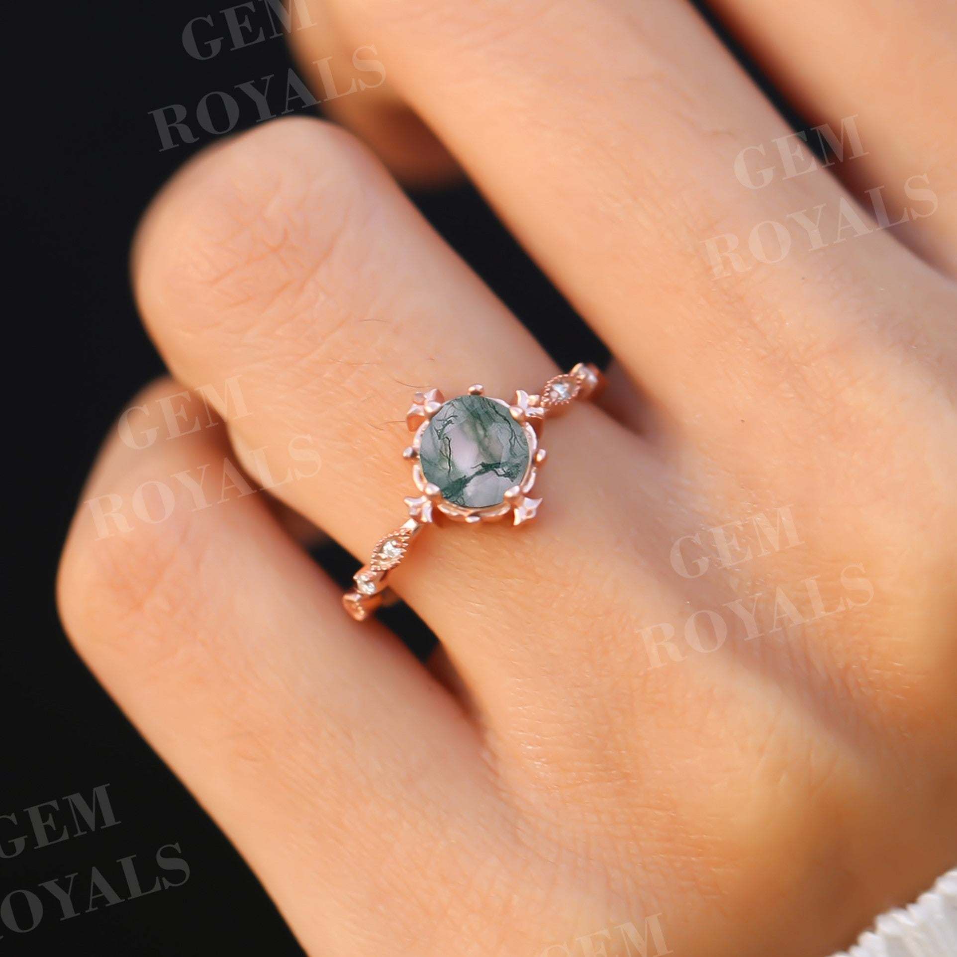 Art Deco Round Cut Natural Moss Agate Engagement Ring