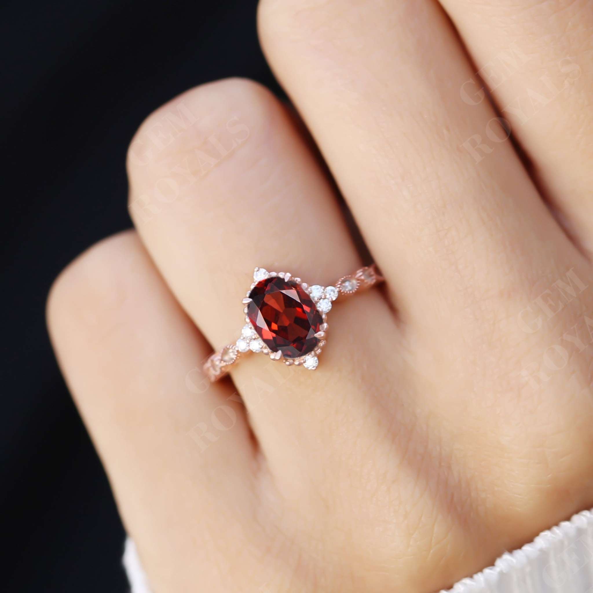 Unique Art Deco Oval Cut Red Garnet Engagement Ring