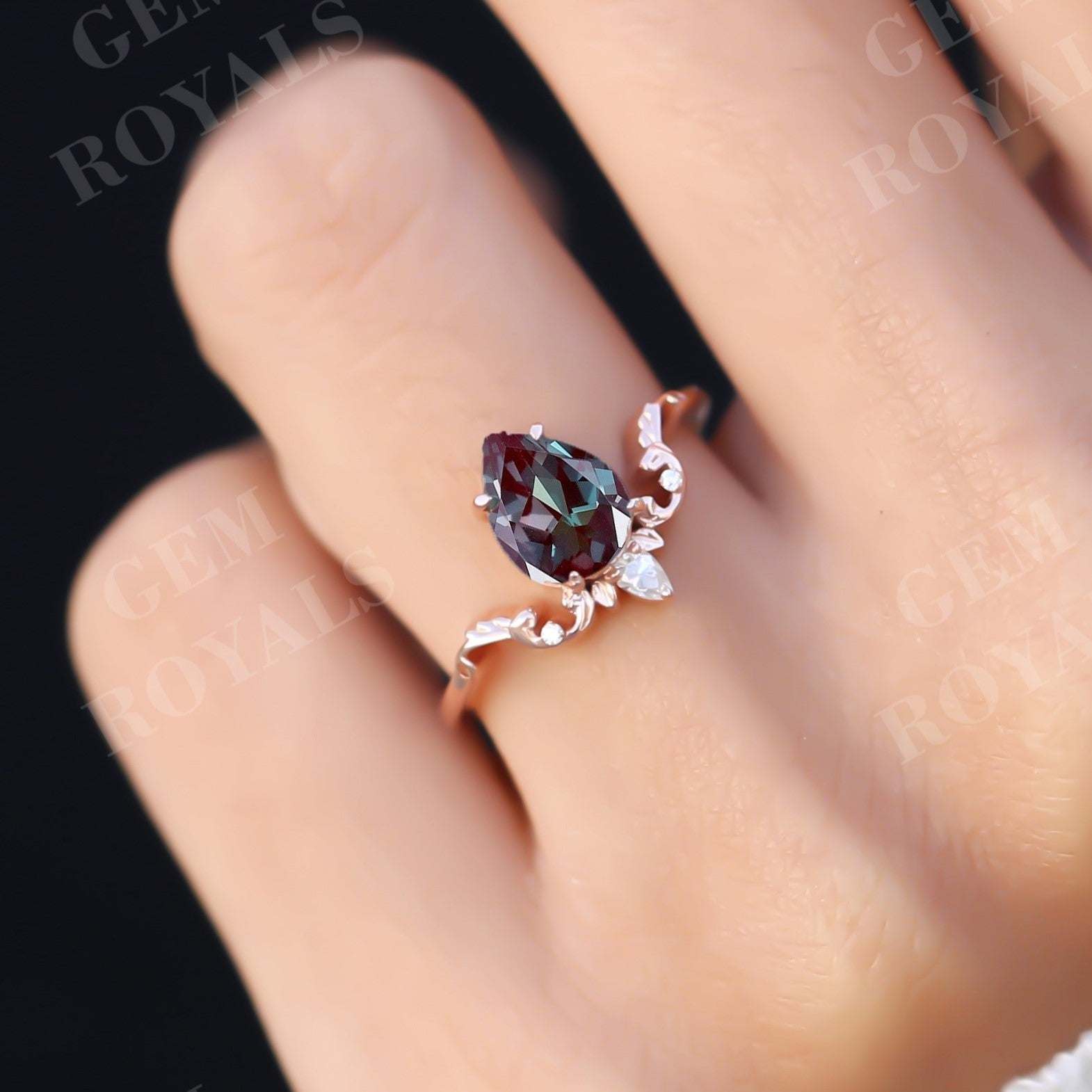 Vintage Unique Pear Shaped Alexandrite Engagement Ring