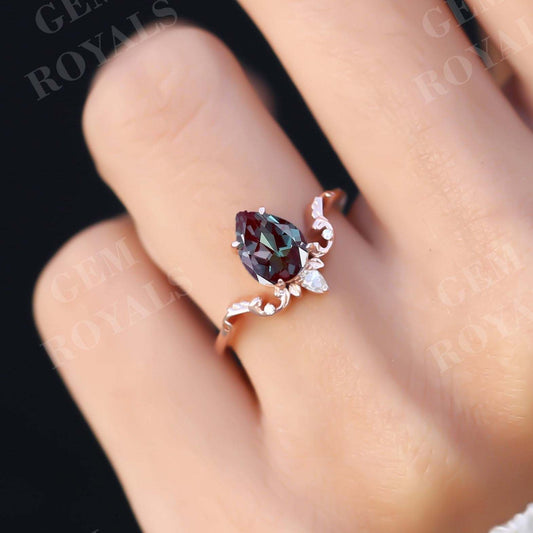 Vintage Unique Pear Shaped Alexandrite Engagement Ring