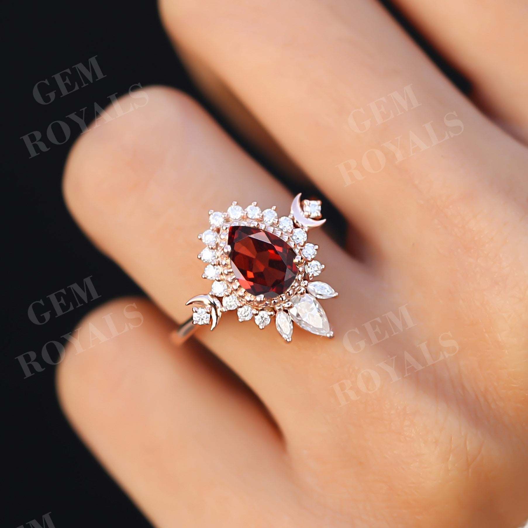 Art Deco Pear Shaped Red Garnet Halo Engagement Ring