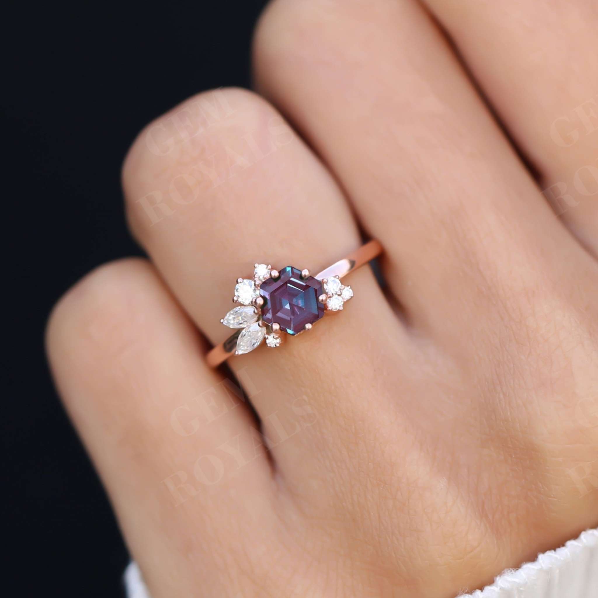 Unique Cluster Hexagon Cut Alexandrite Engagement Ring