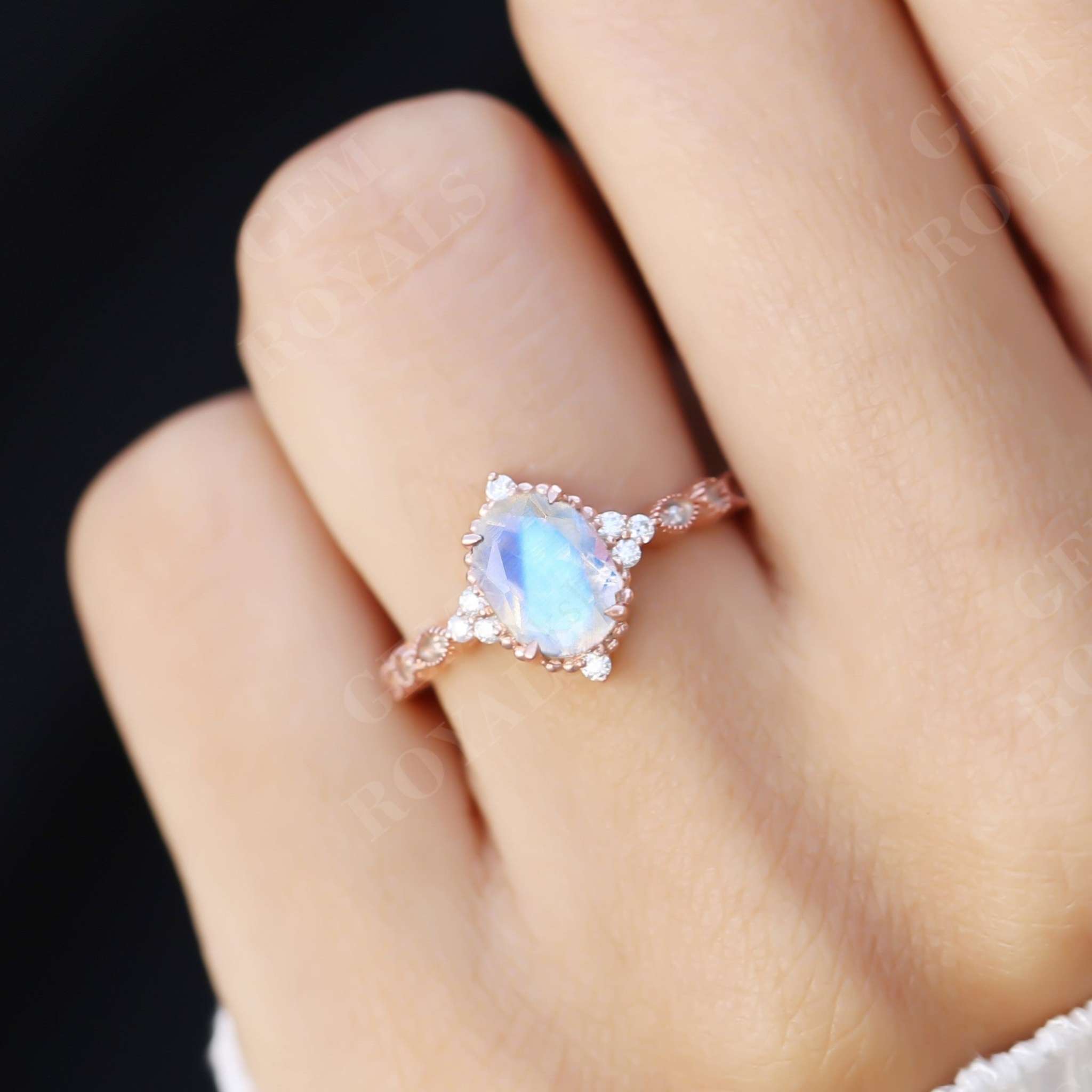 Vintage Oval Cut Rainbow Moonstone Engagement Ring