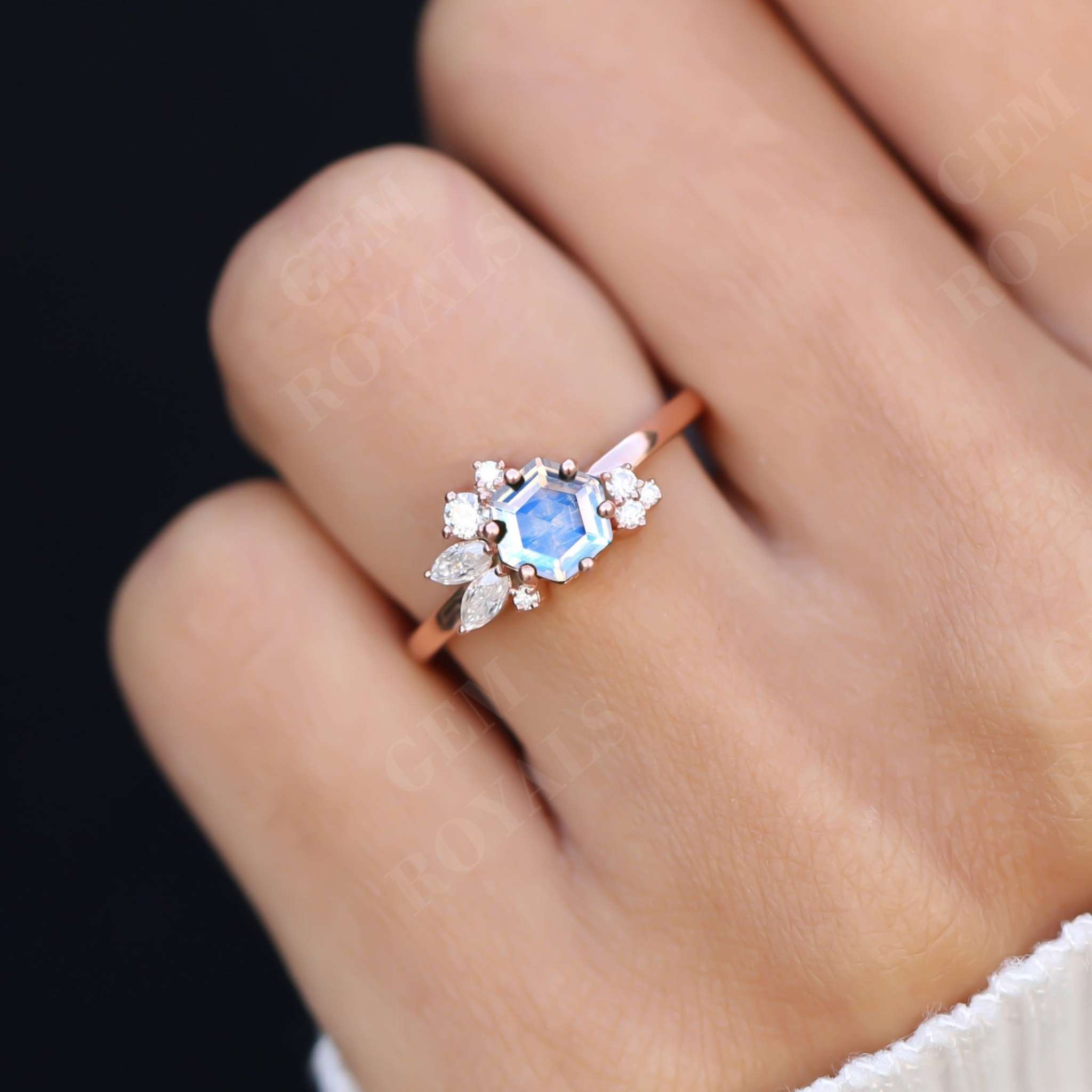 Art Deco Hexagon Cut Rainbow Moonstone Engagement Ring