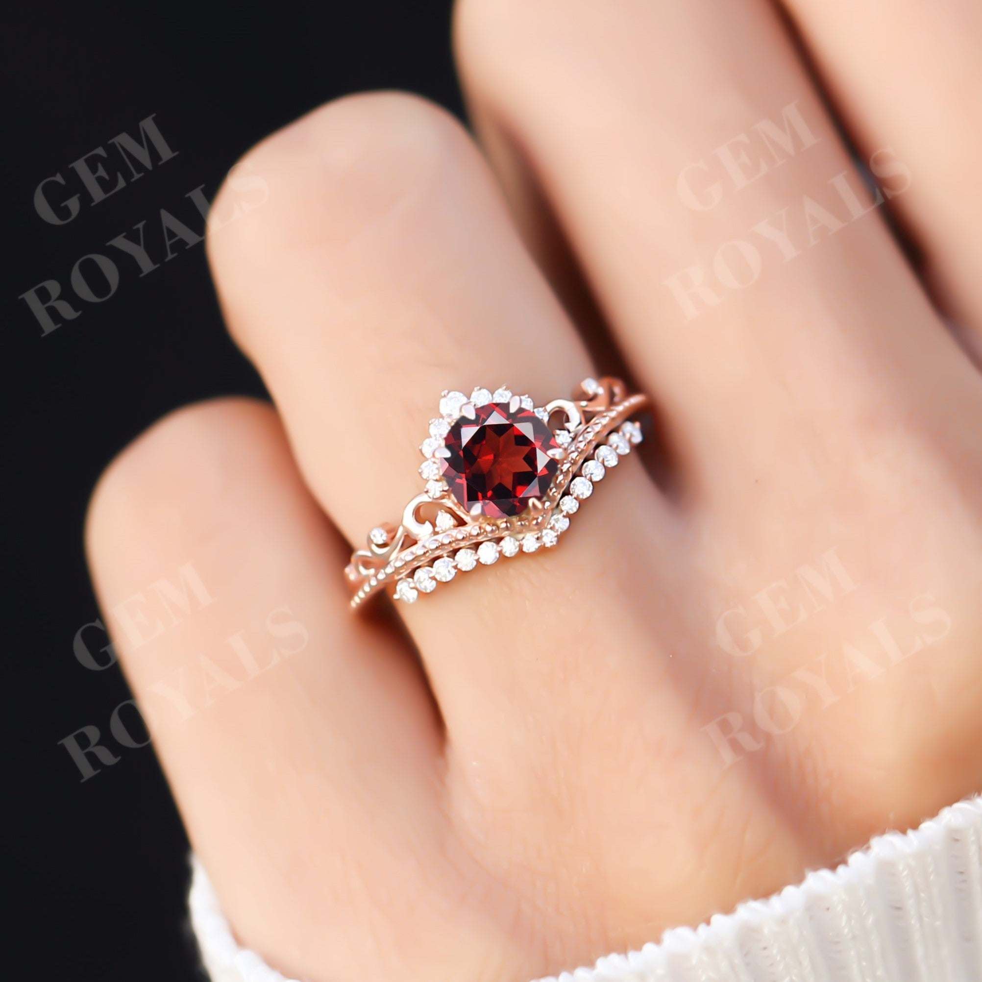 Unique Chevron Round Red Garnet Engagement Ring